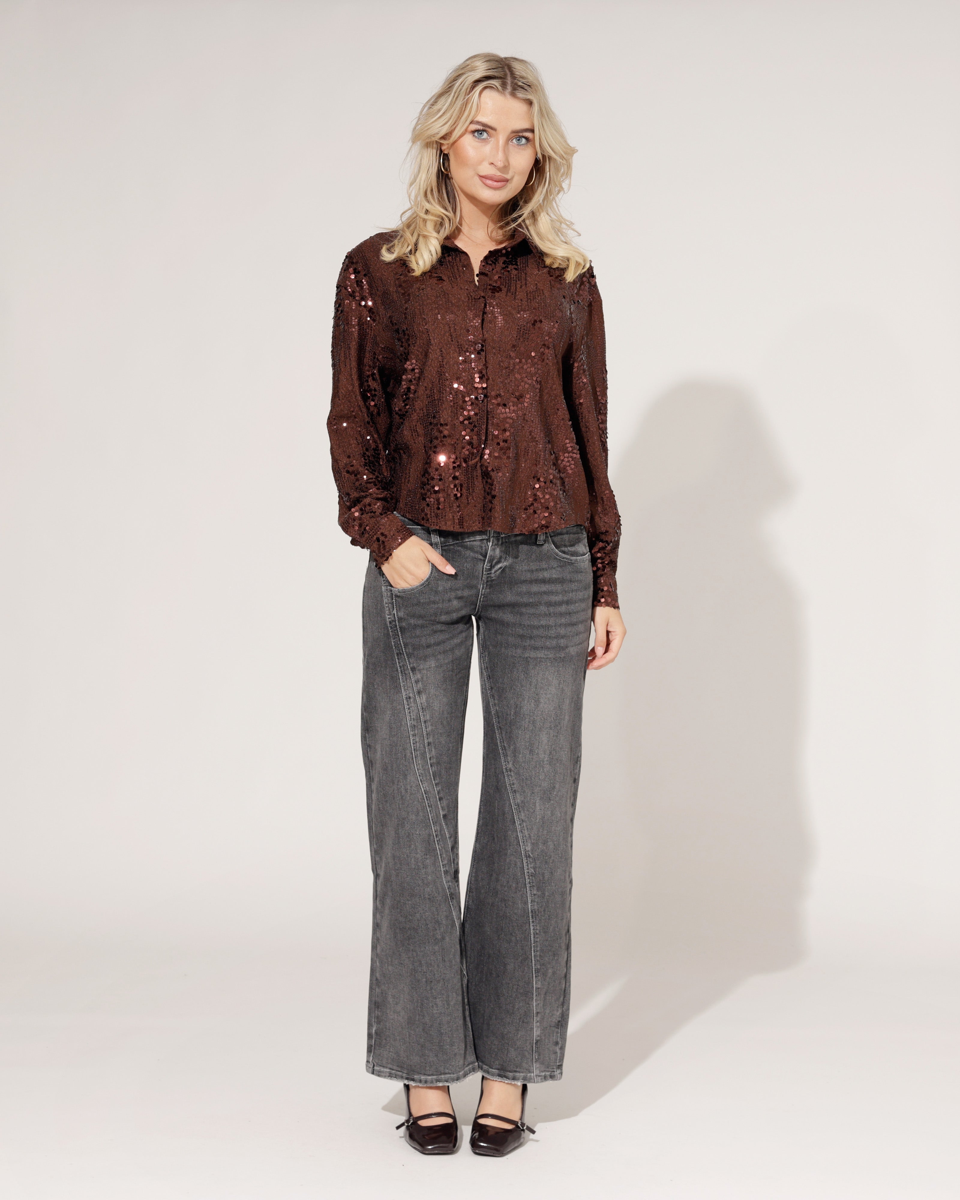 Hello Miss | Wide leg jeans, double taille Tina-8 Grijs