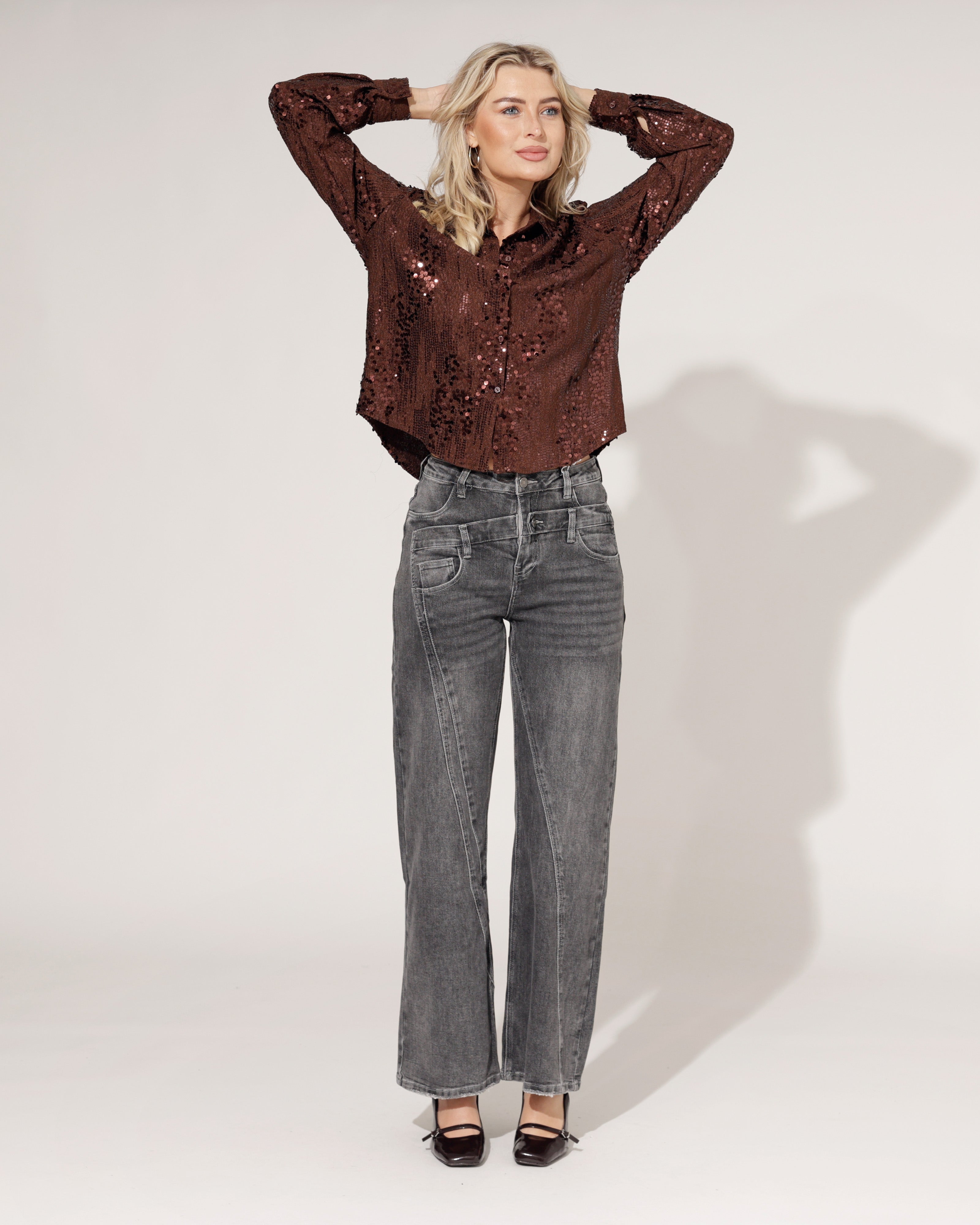 Hello Miss | Wide leg jeans, double taille Tina-8 Grijs