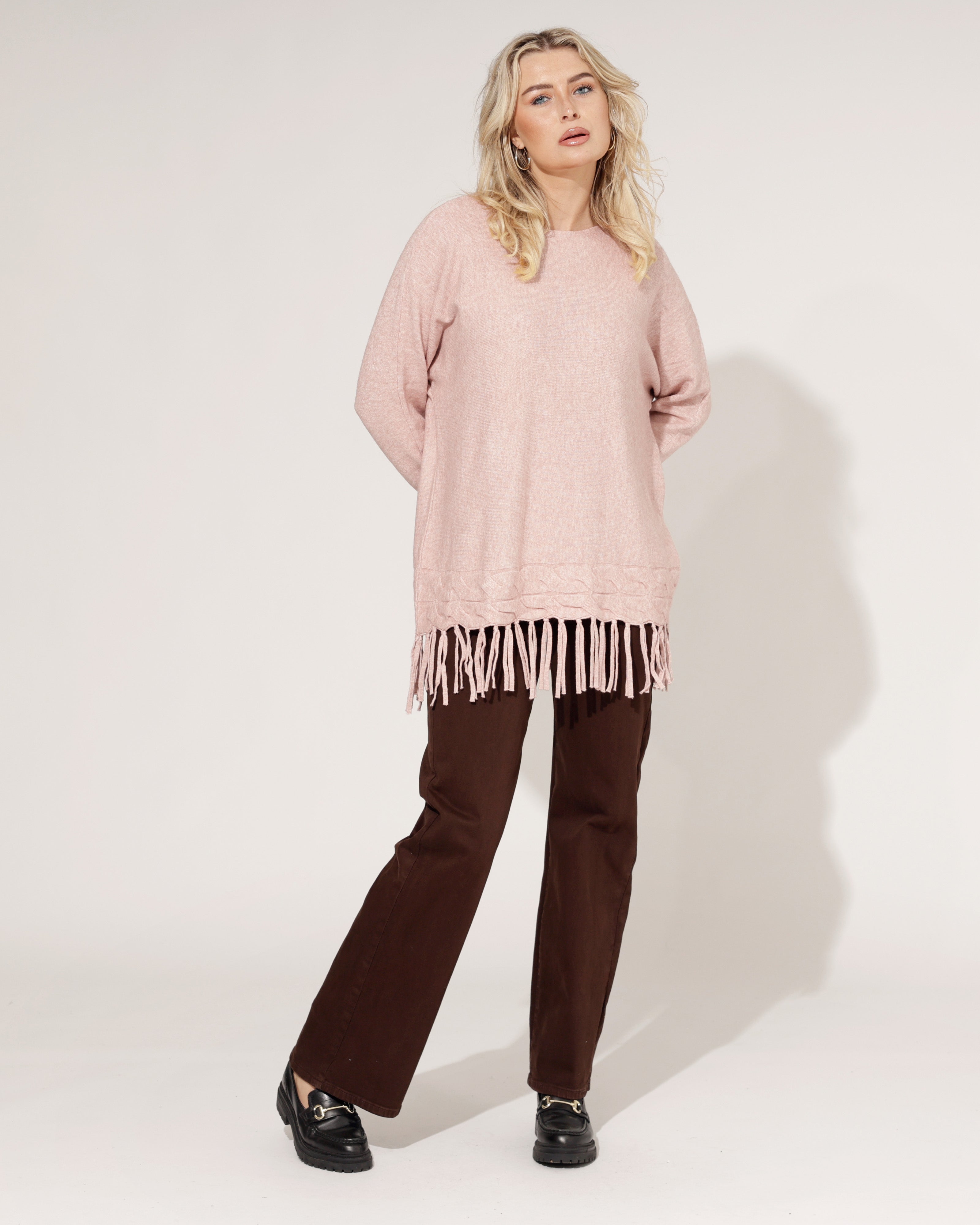 Trui met fringes Venna Lichtroze