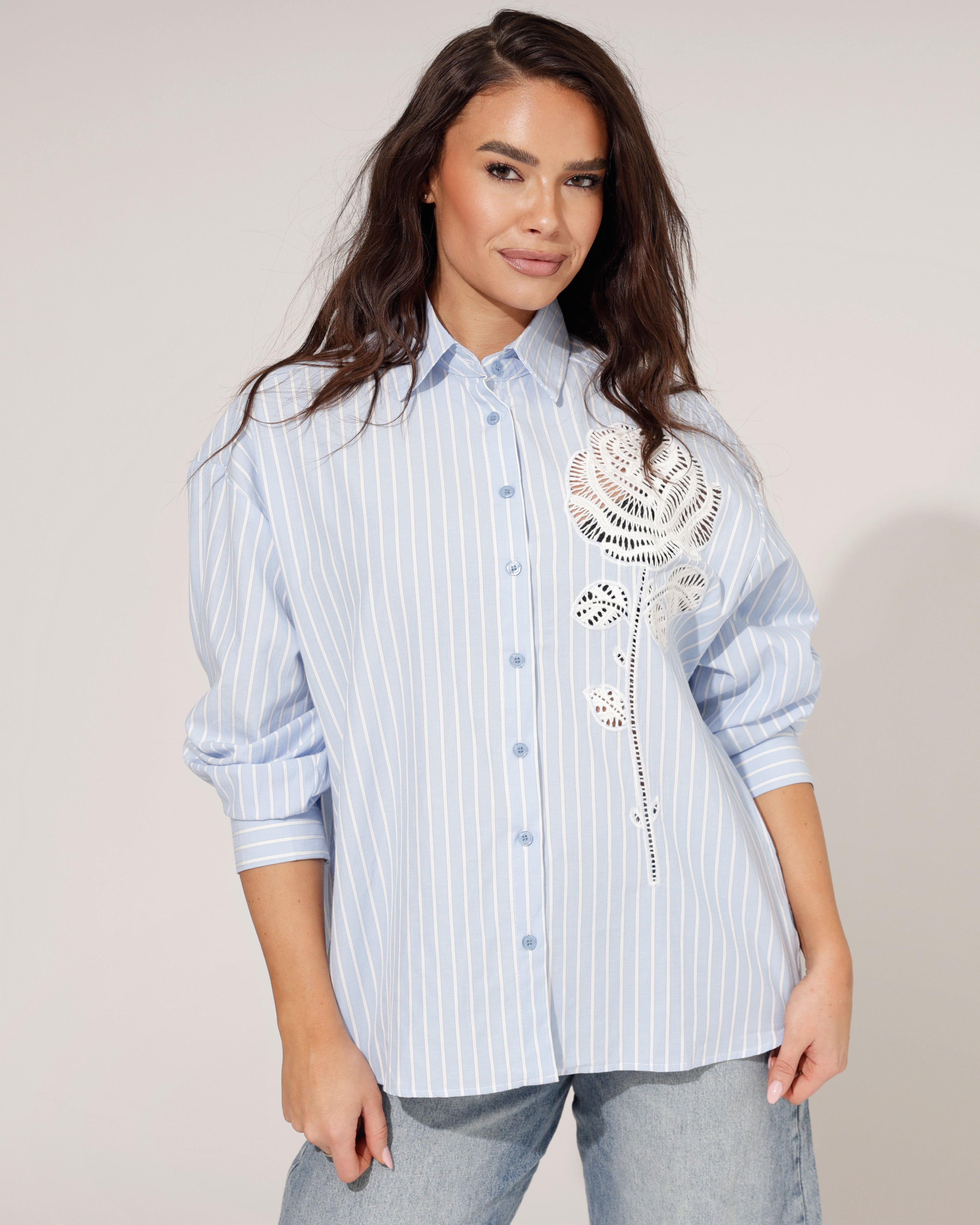 Gestreepte Blouse Flower Lichtblauw