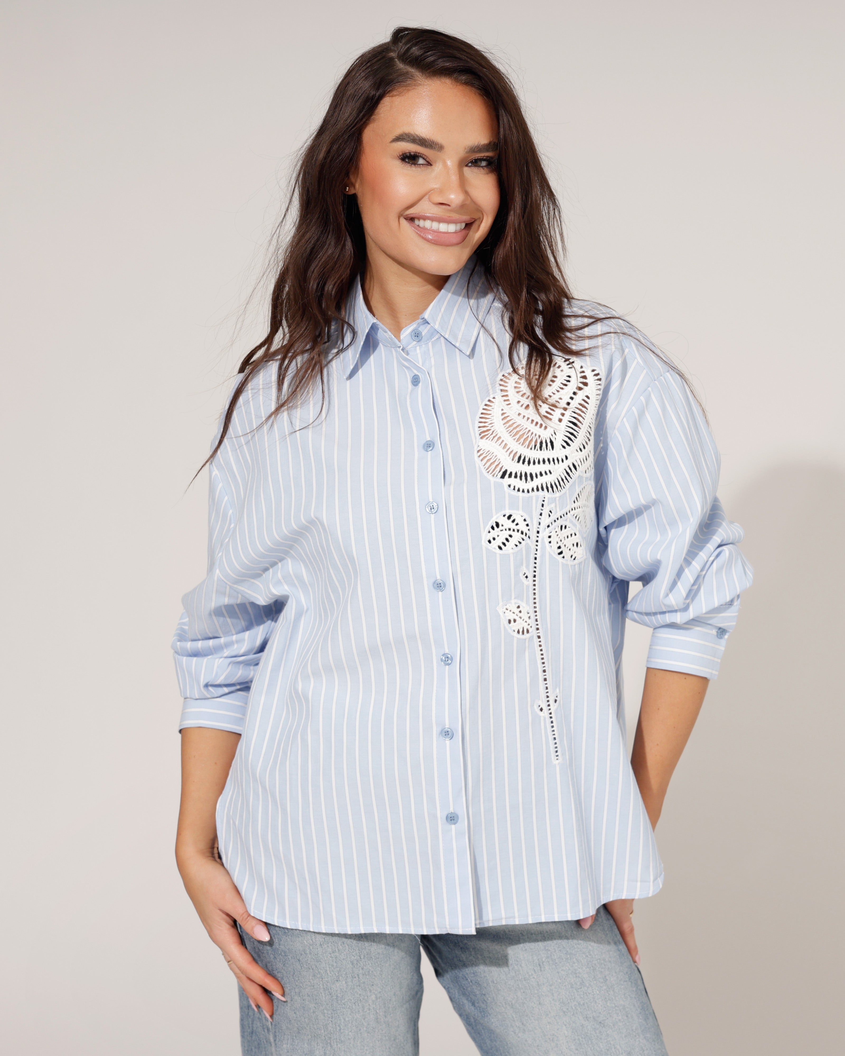 Gestreepte Blouse Flower Lichtblauw