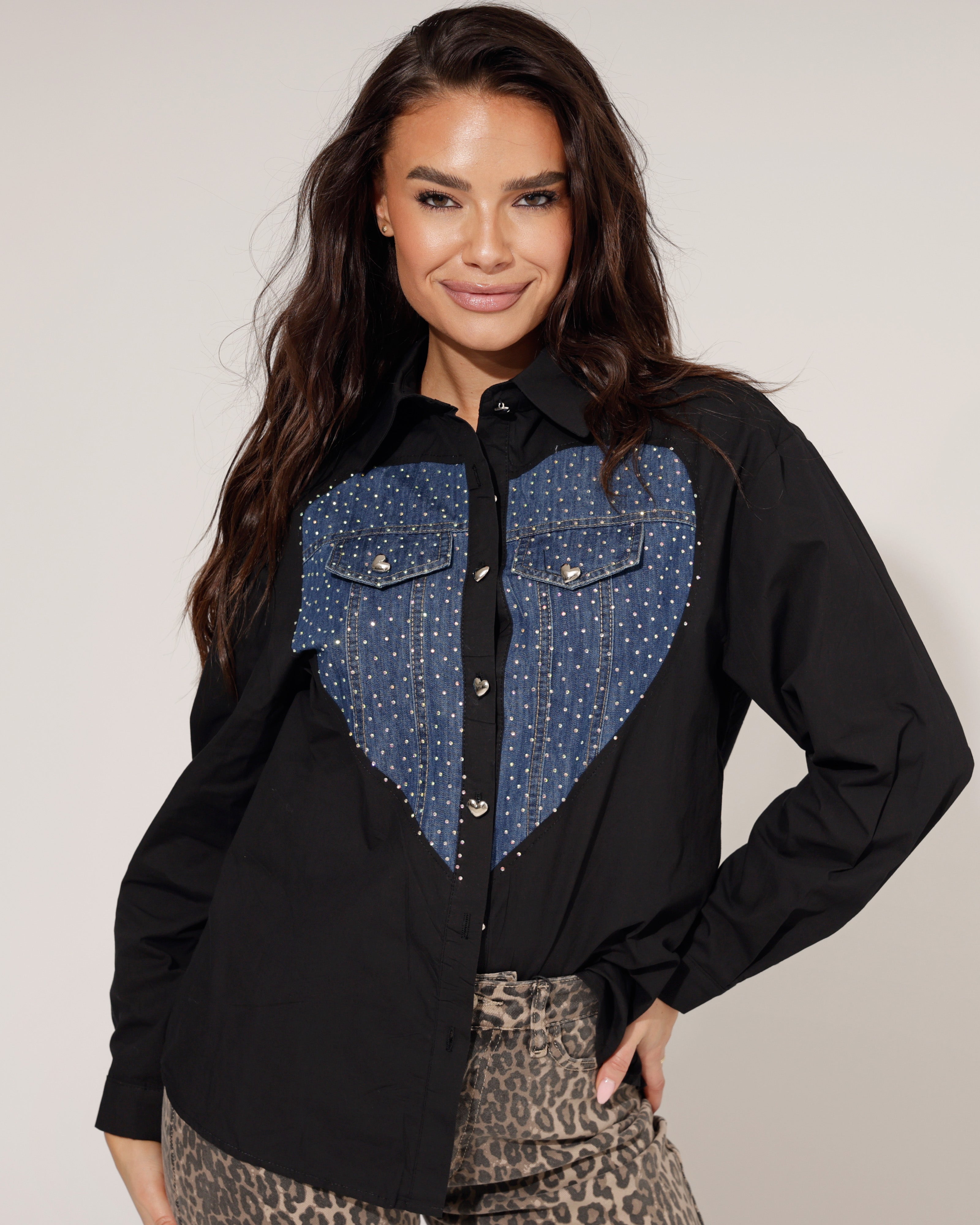 zwarte blouse dames met denim hart en stras Twinkels - 3