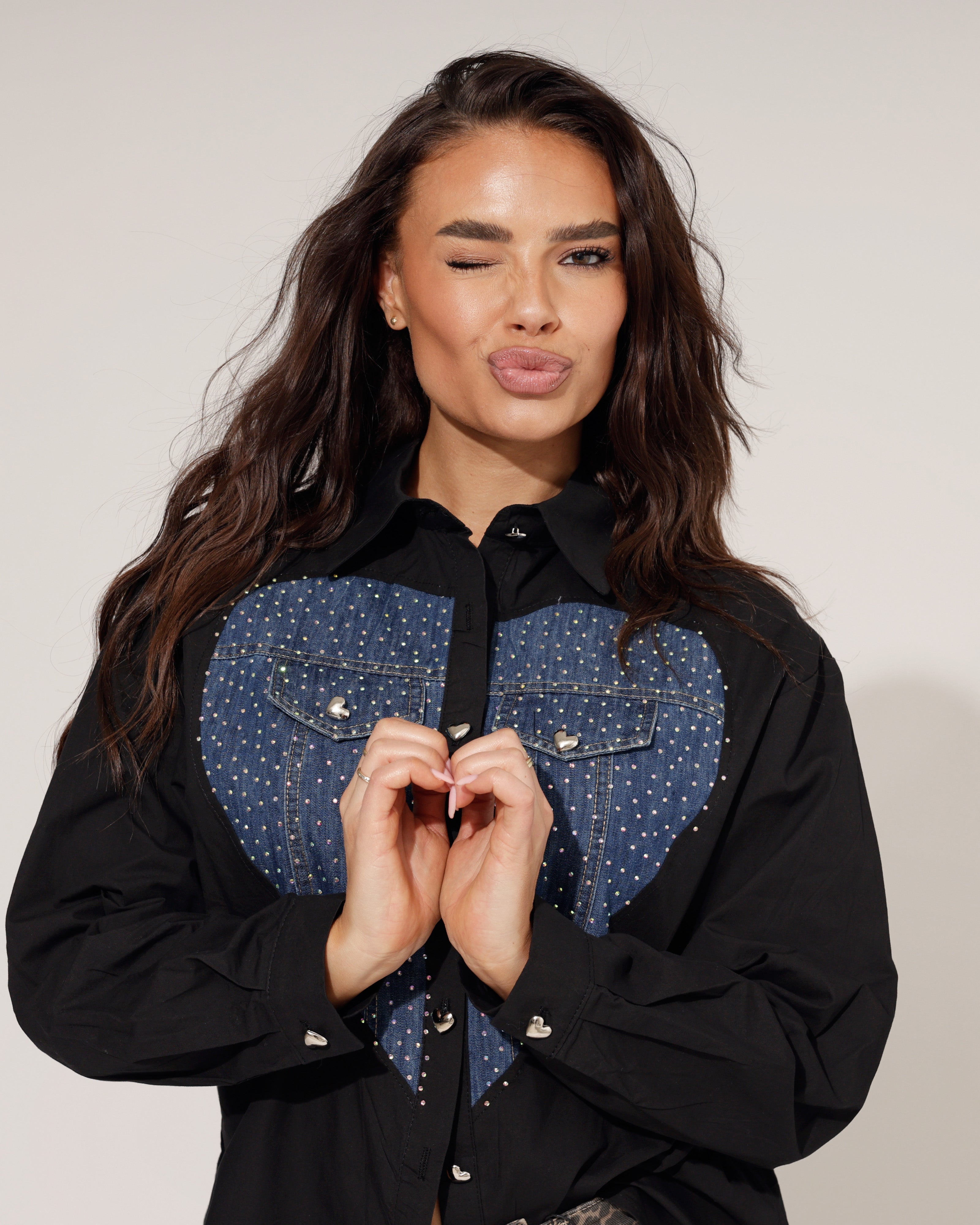 zwarte blouse dames met denim hart en stras Twinkels - 4