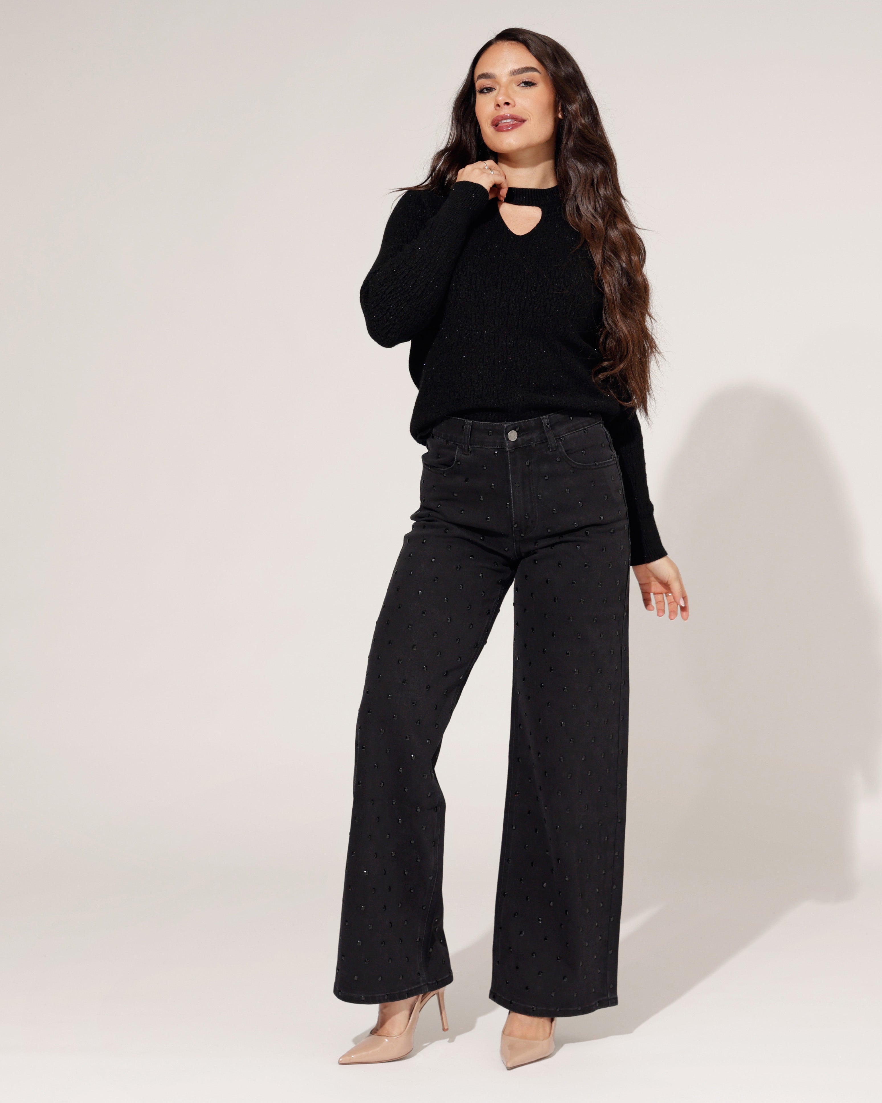 Queen Hearts | Wide leg jeans Rhinestones all over Tina-1 Zwart