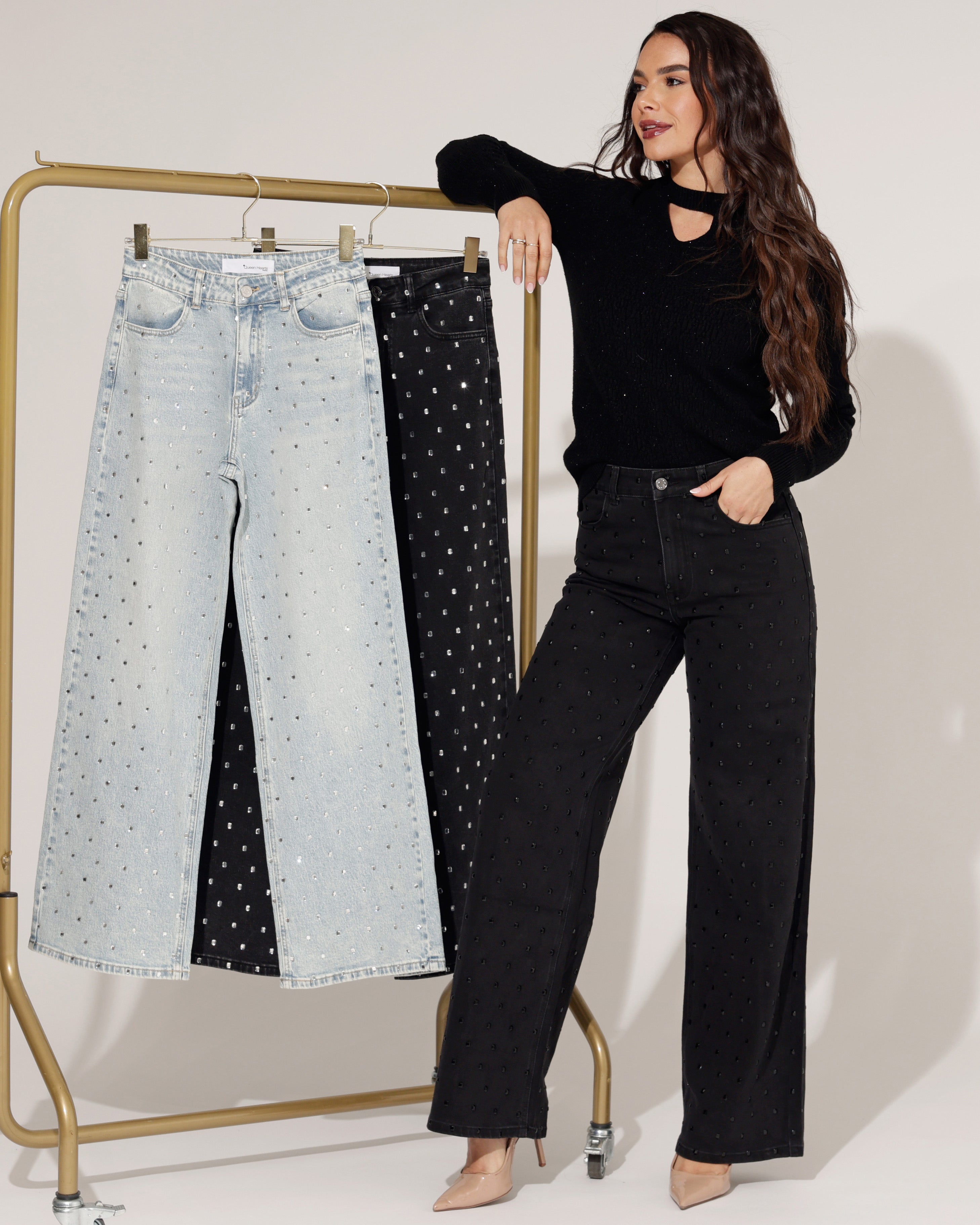 Queen Hearts | Wide leg jeans Rhinestones all over Tina Blauw