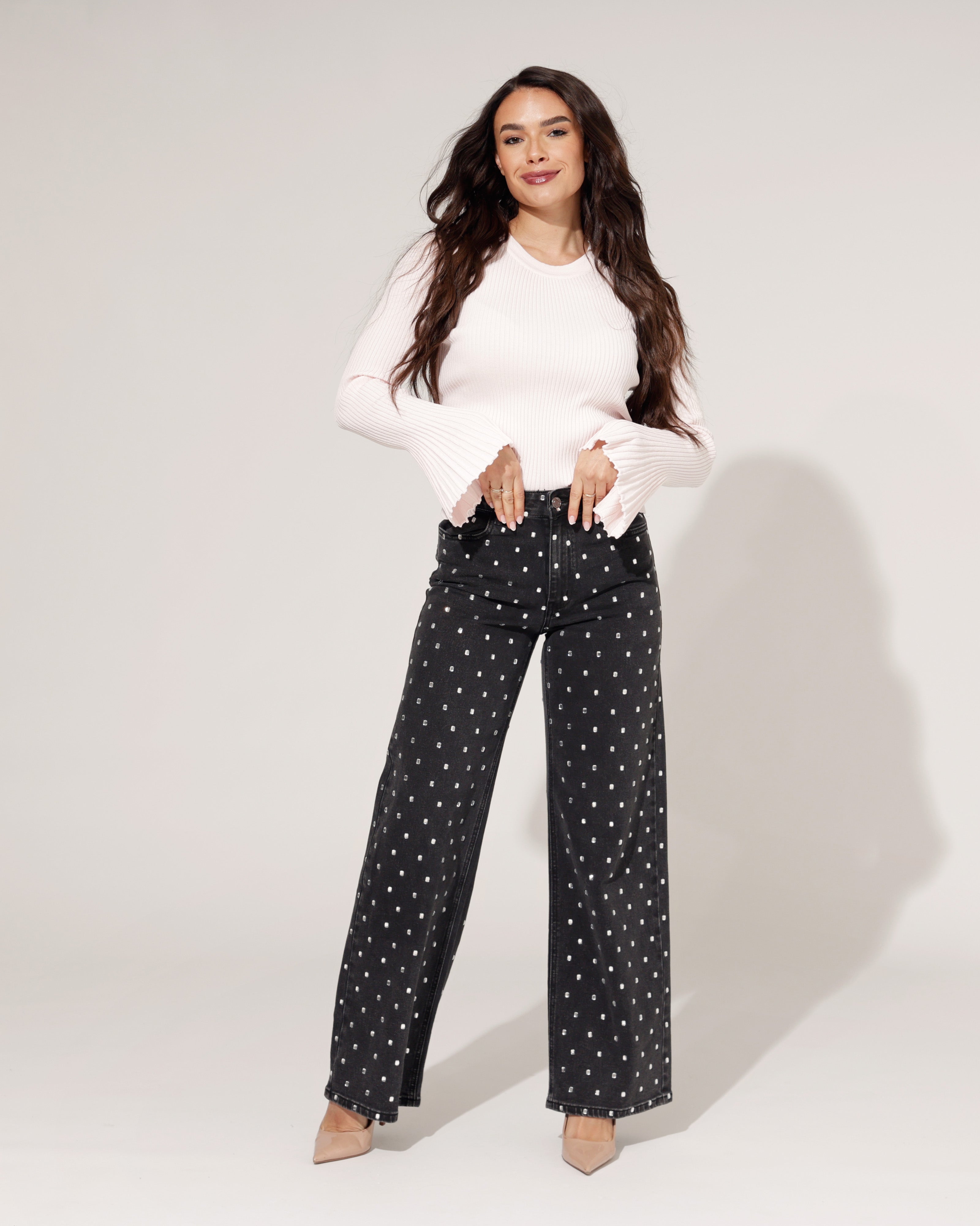 Queen Hearts jeans zwart strass detail wide leg pasvorm
