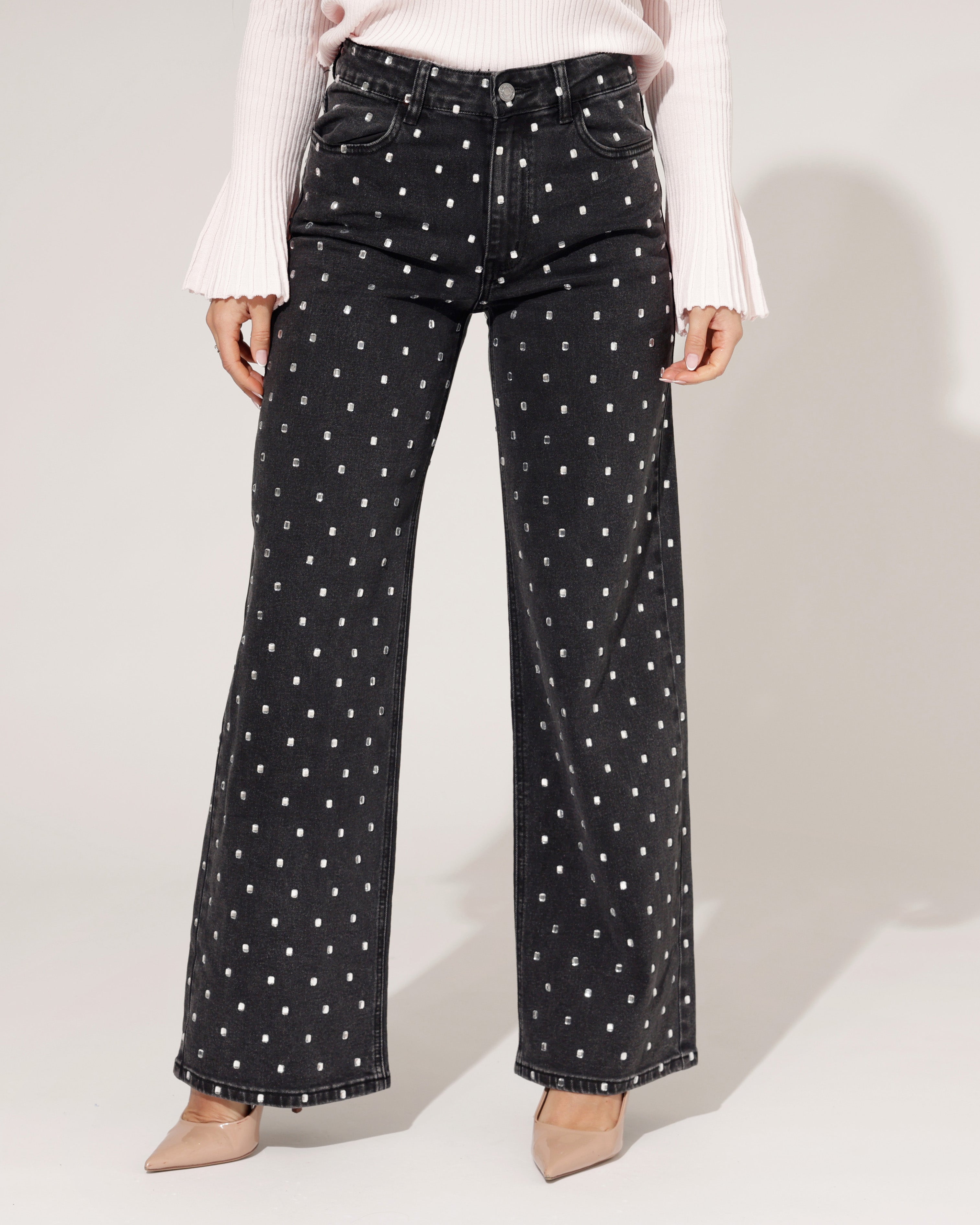 Queen Hearts jeans zwart strass detail wide leg pasvorm - 2