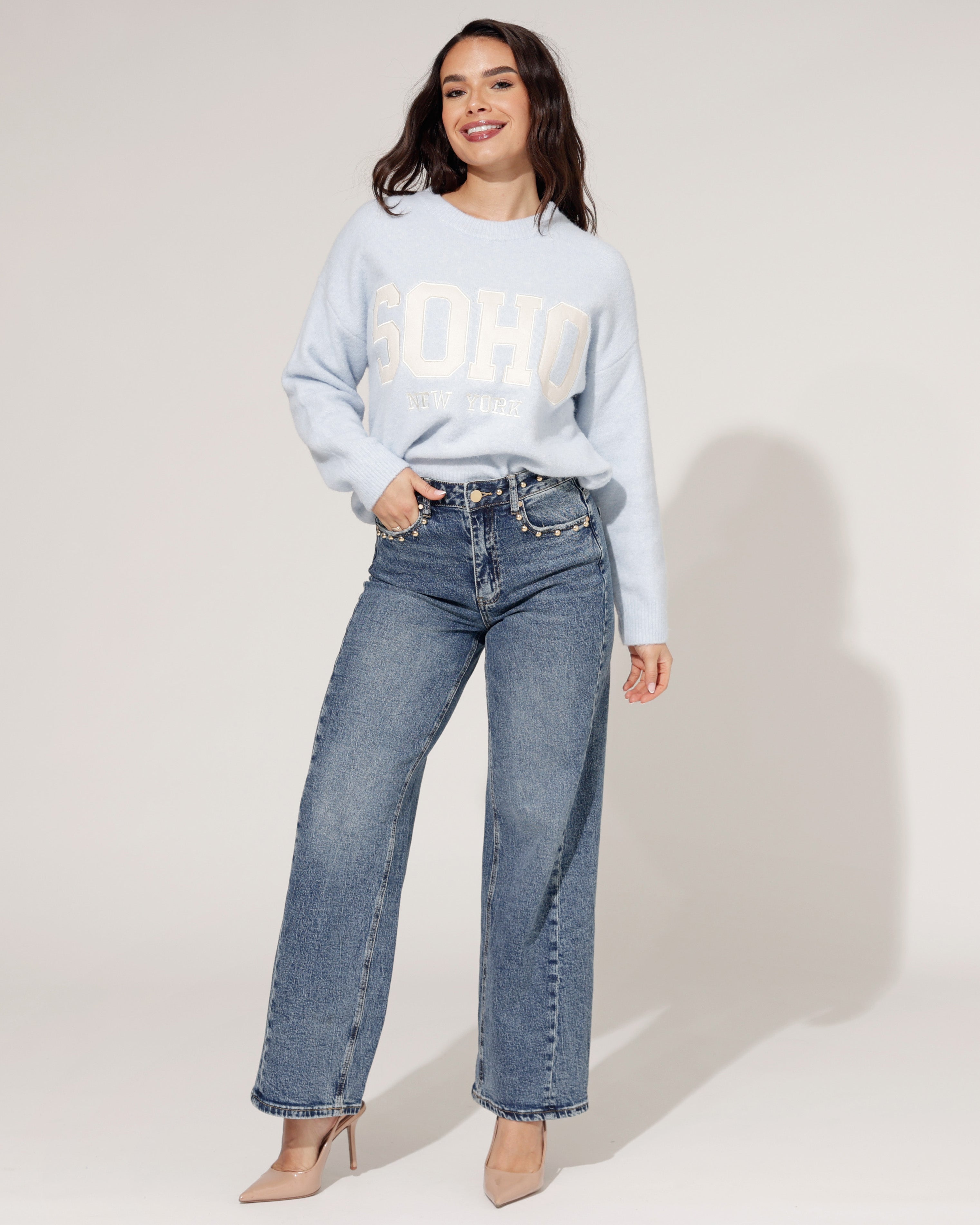 Queen Hearts | Wide leg jeans Studs Irvy-1 Donkerblauw