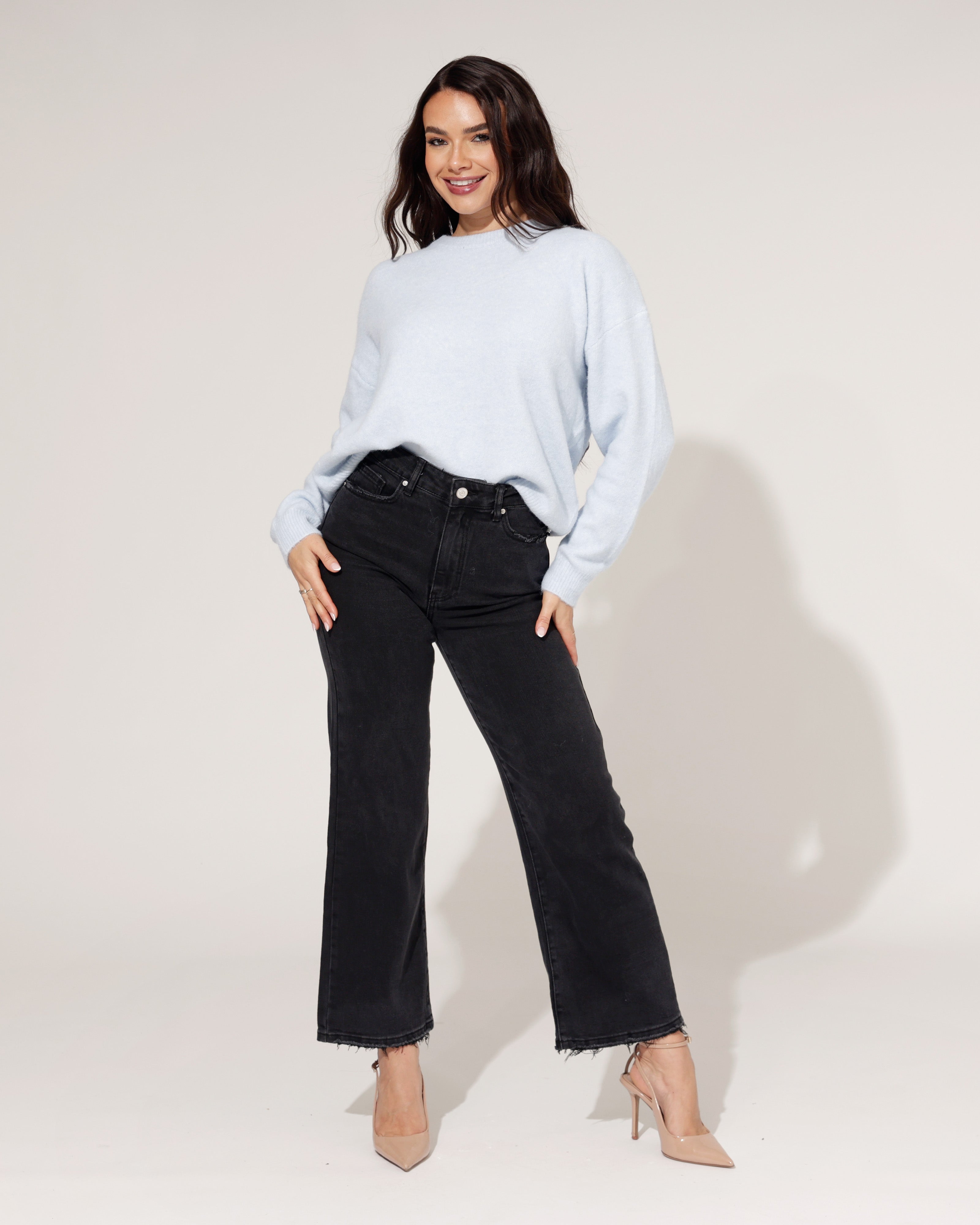 Queen Hearts | Wide leg, Straight jeans Miles-5 Zwart