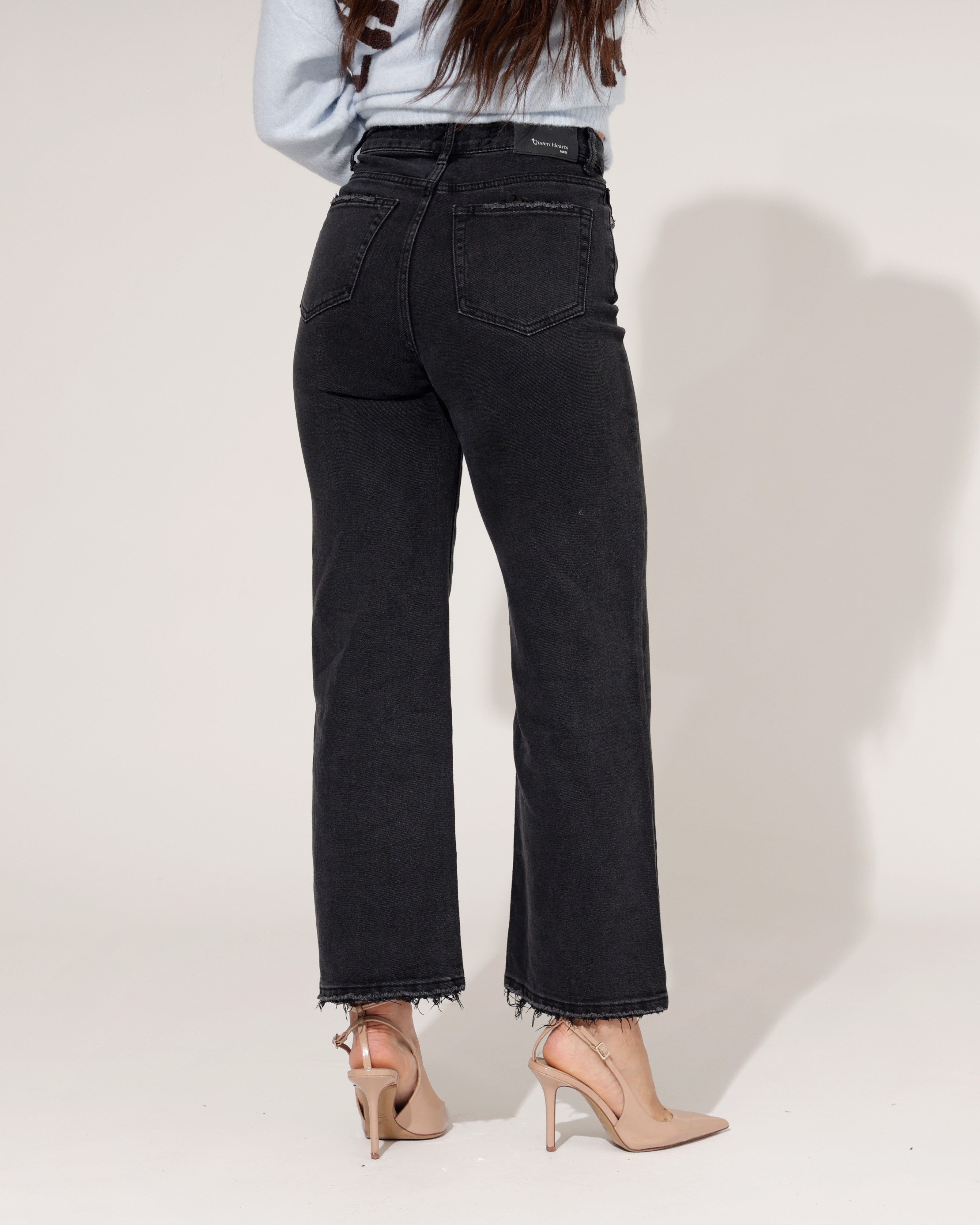Queen Hearts | Wide leg, Straight jeans Miles-5 Zwart