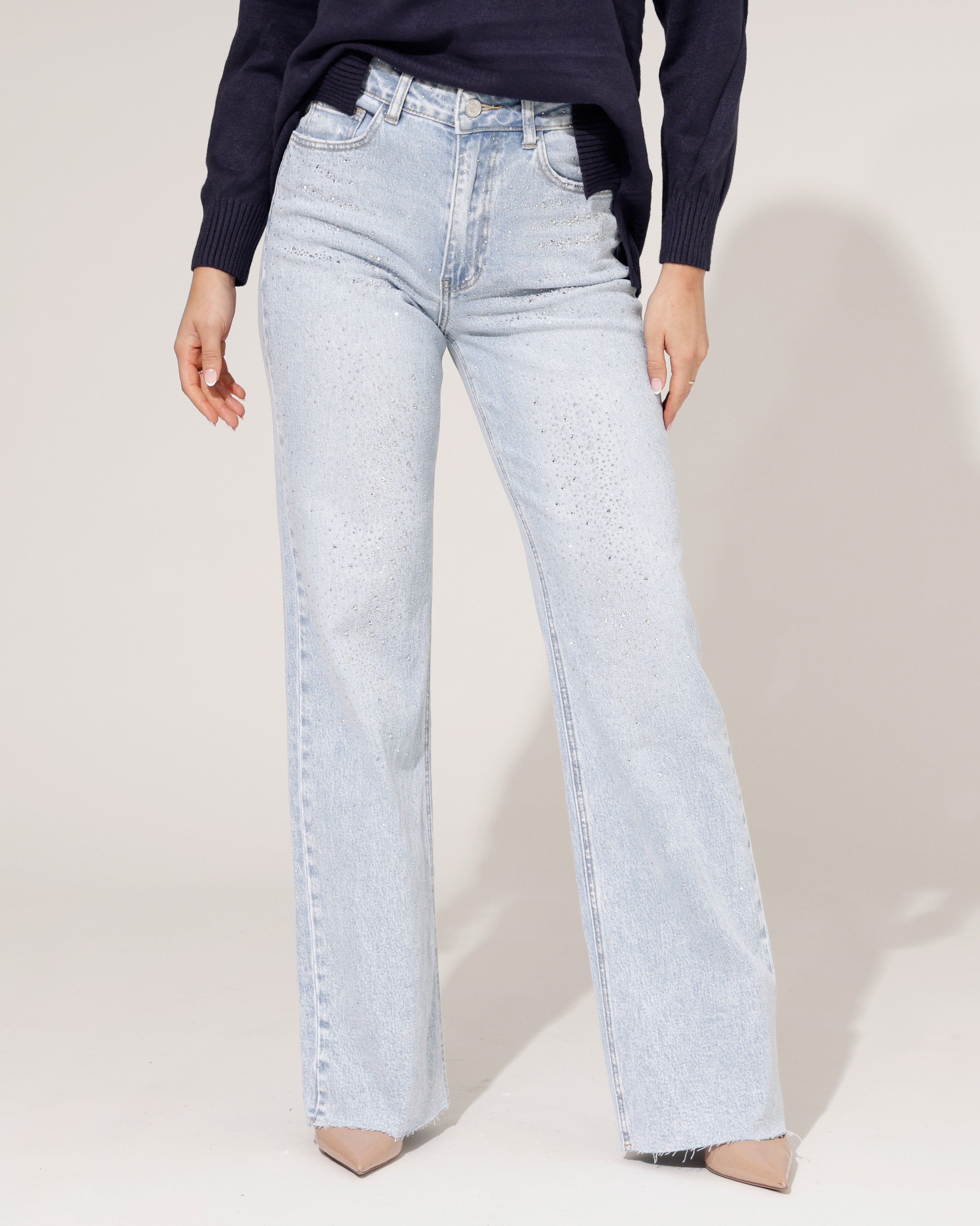 Queen Hearts | Wide leg jeans met Stras Revi-2 Lichtblauw