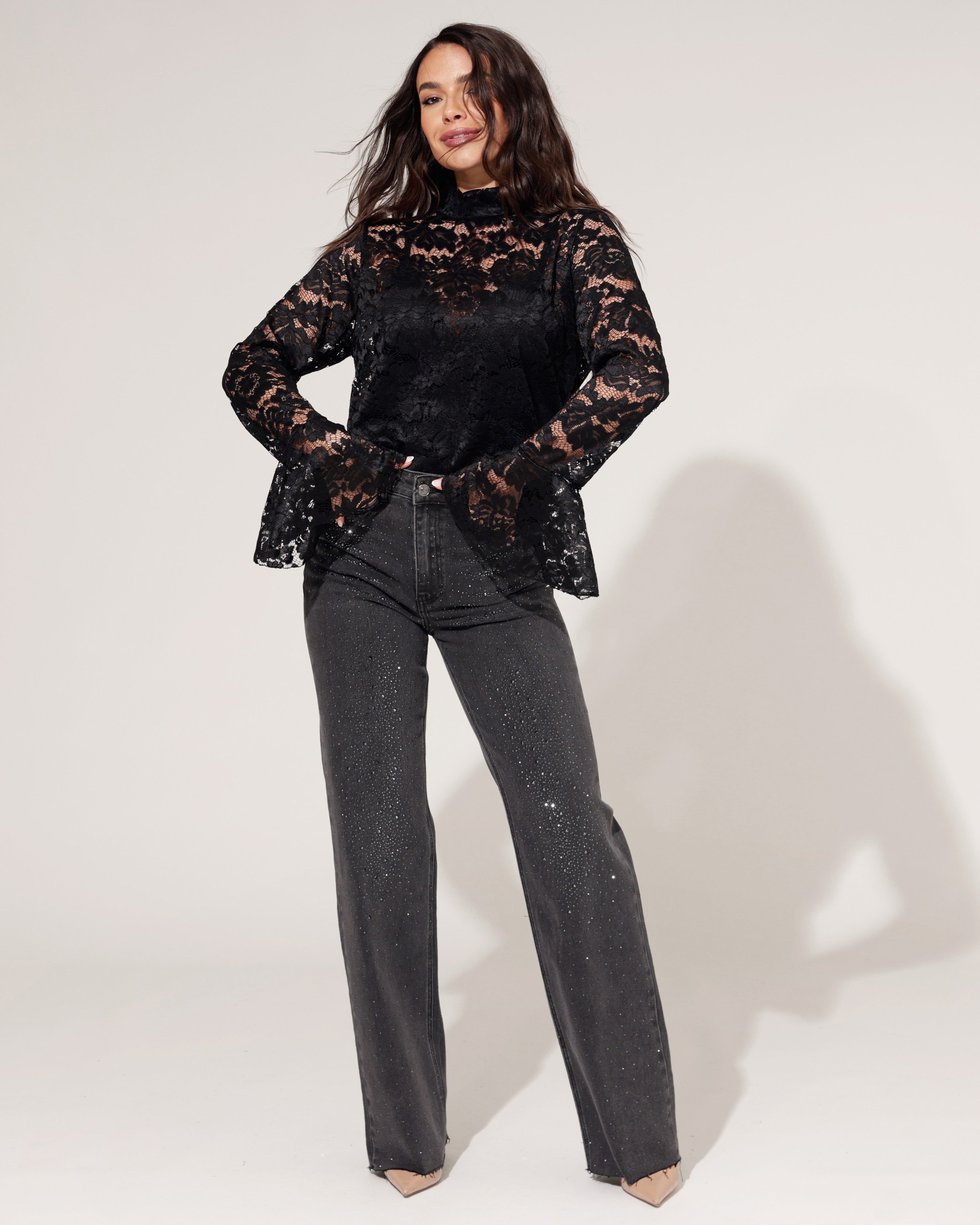 Zwarte wide leg jeans dames Queen Hearts strass steentjes all over - 2