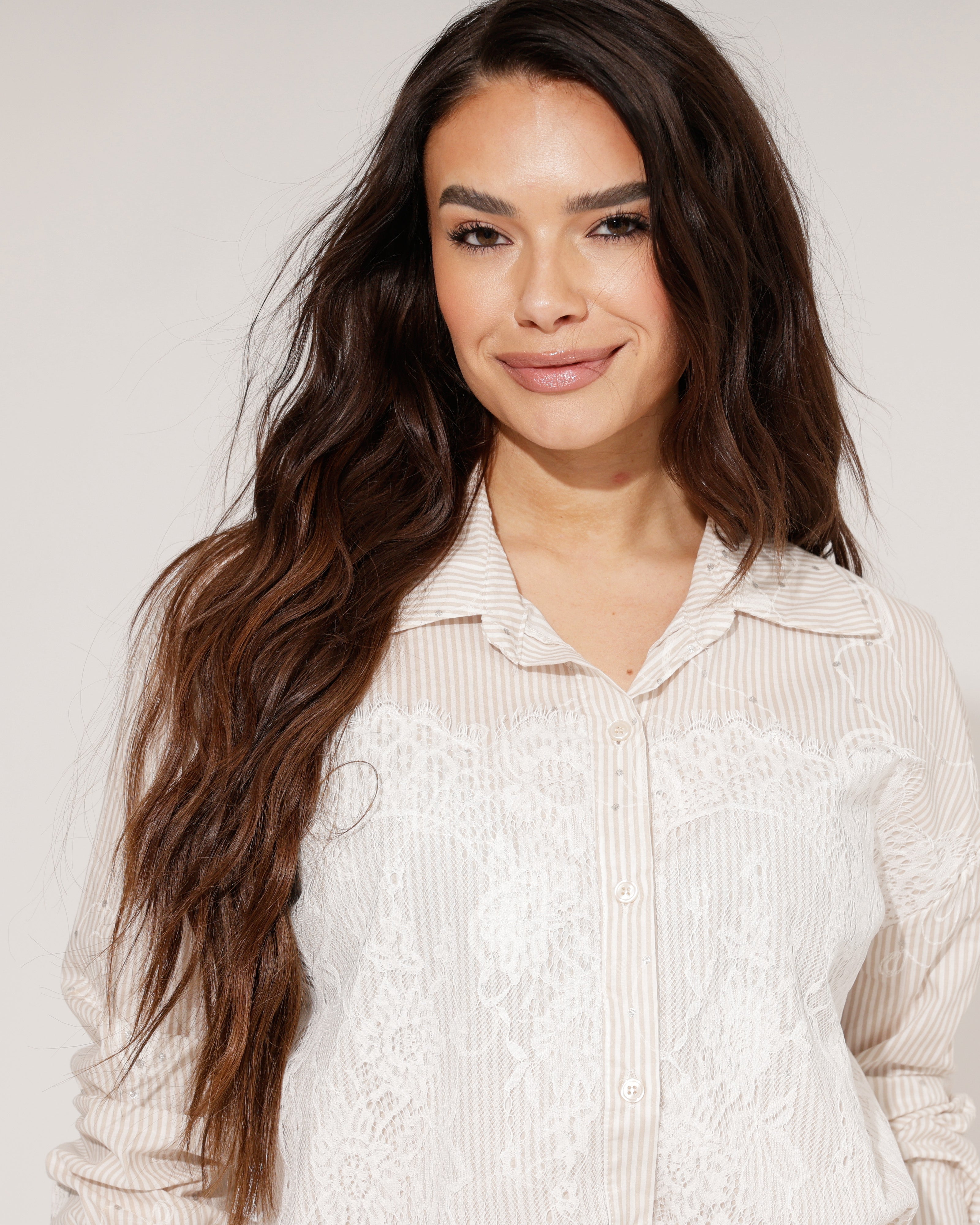 Gestreepte blouse met kant Revi Taupe