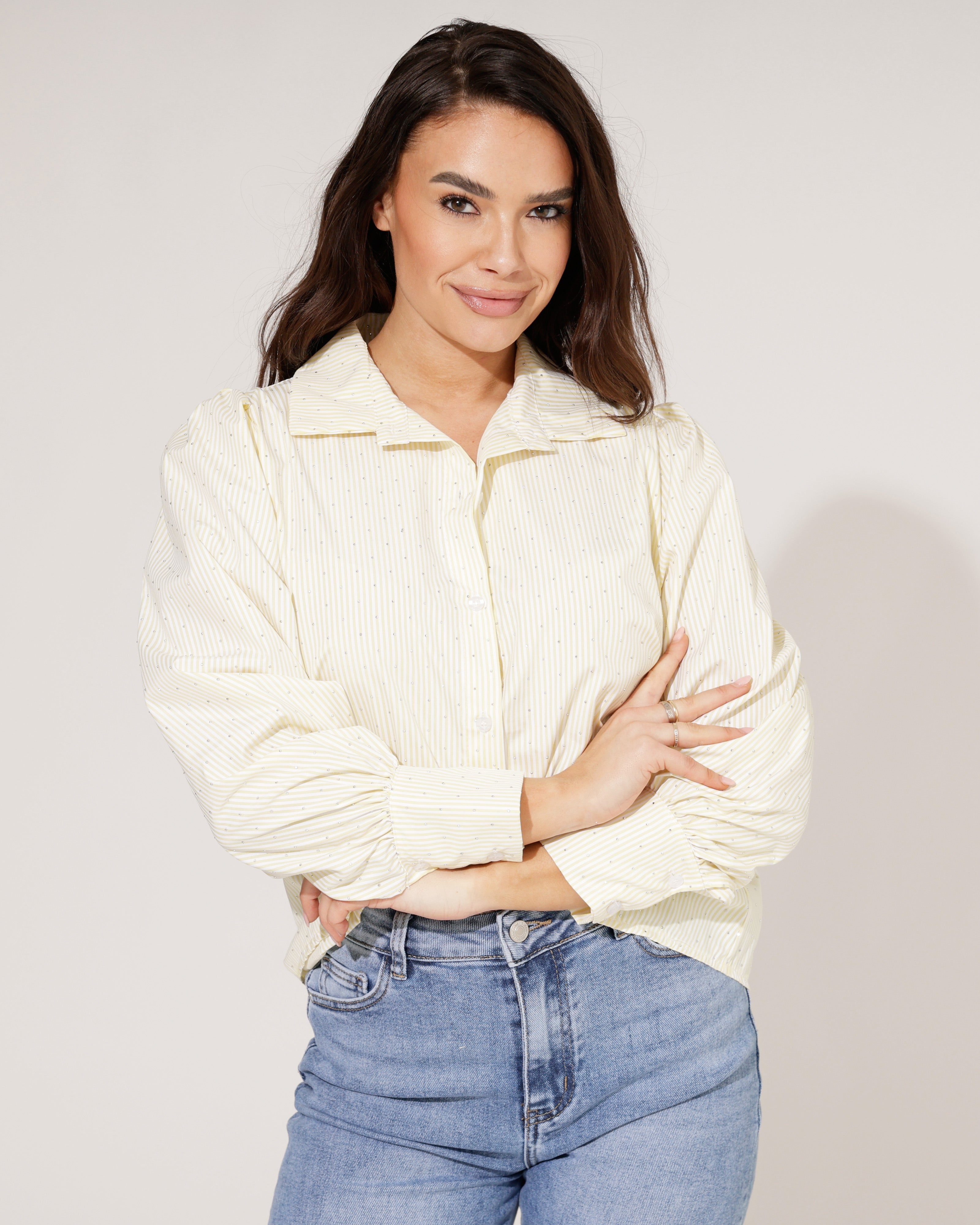 Gestreepte blouse met stras Tracey Geel