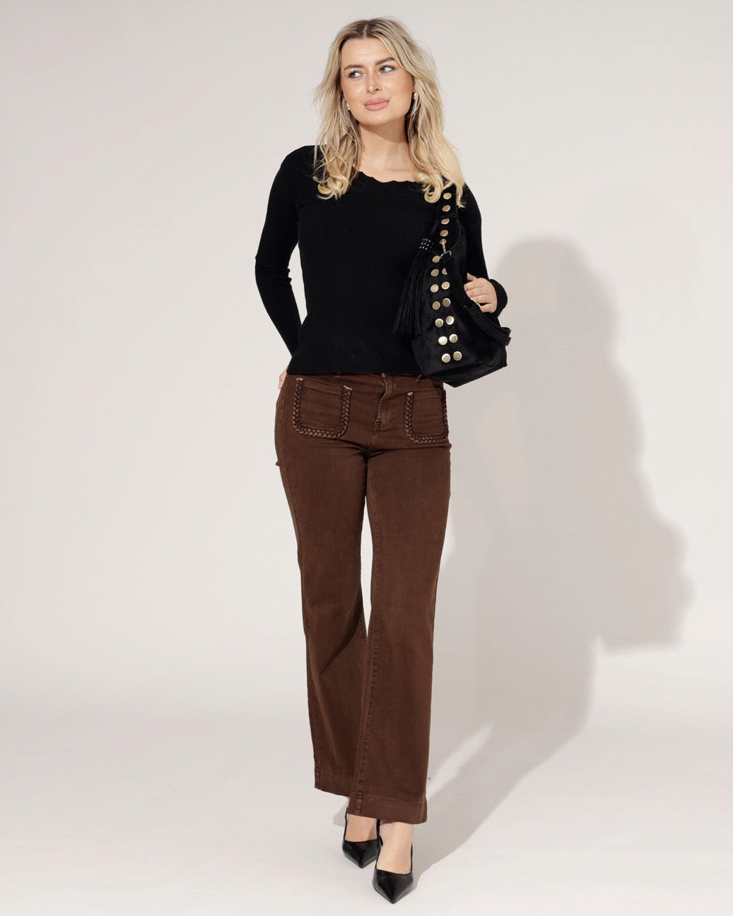 Folyrose wide leg jeans bruin dames met vlecht detail voorkant