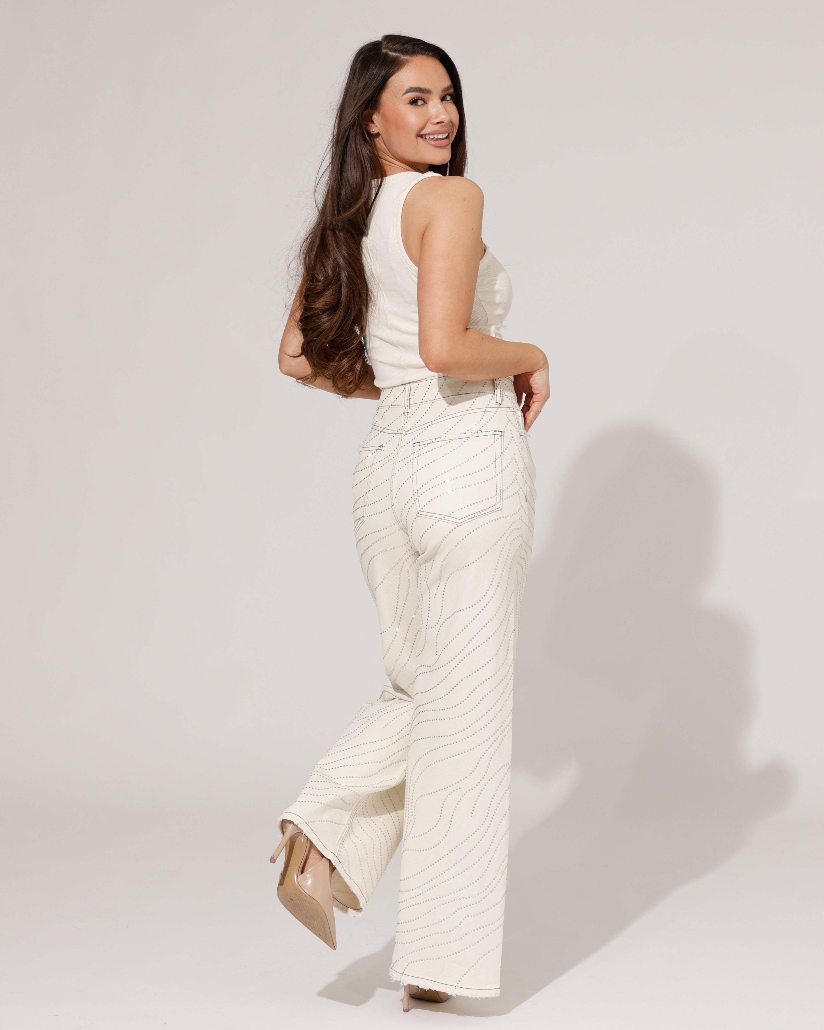 Queen Hearts | Wide leg jeans strass Lore-K Beige