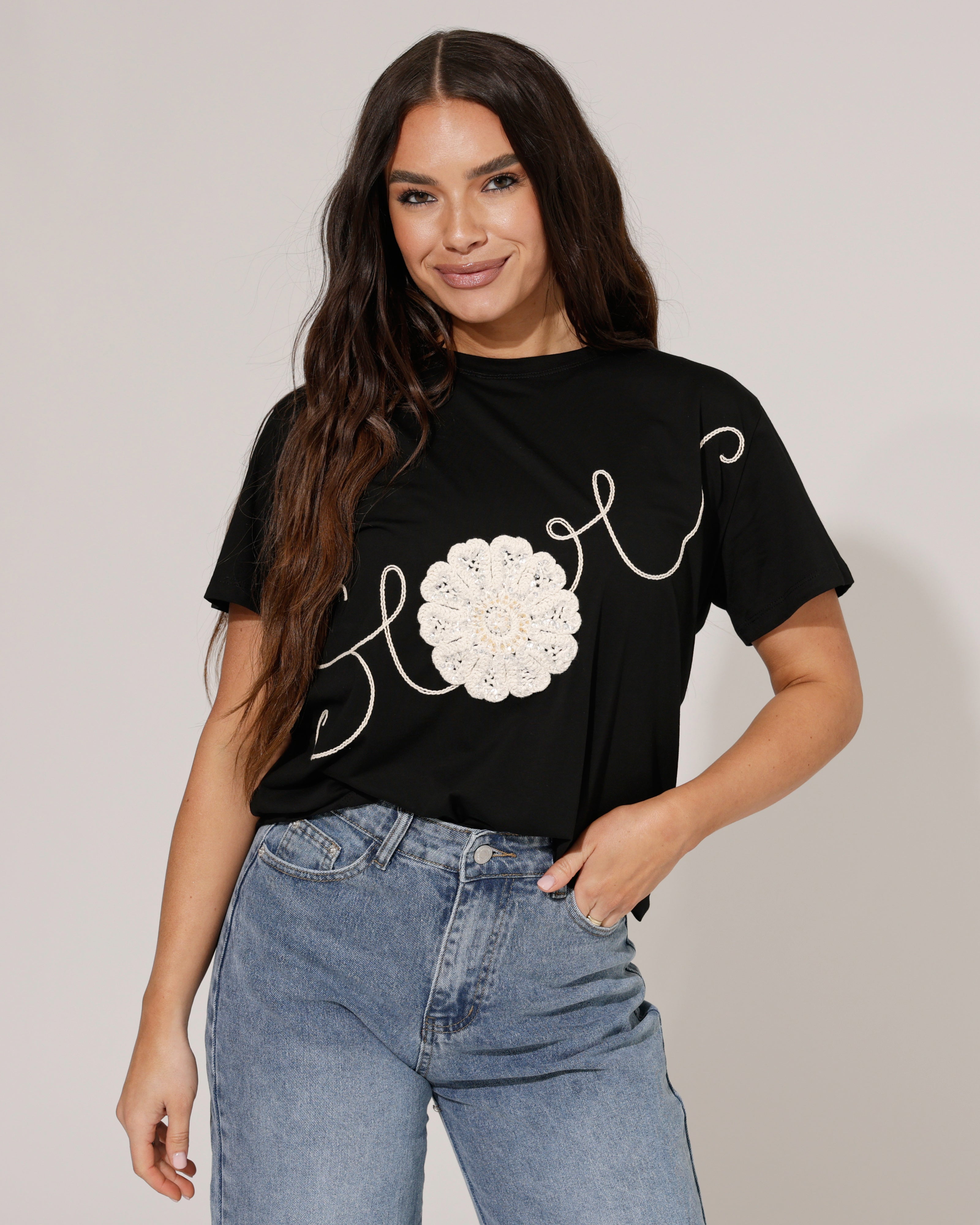 T-shirt borduur bloem Love Zwart