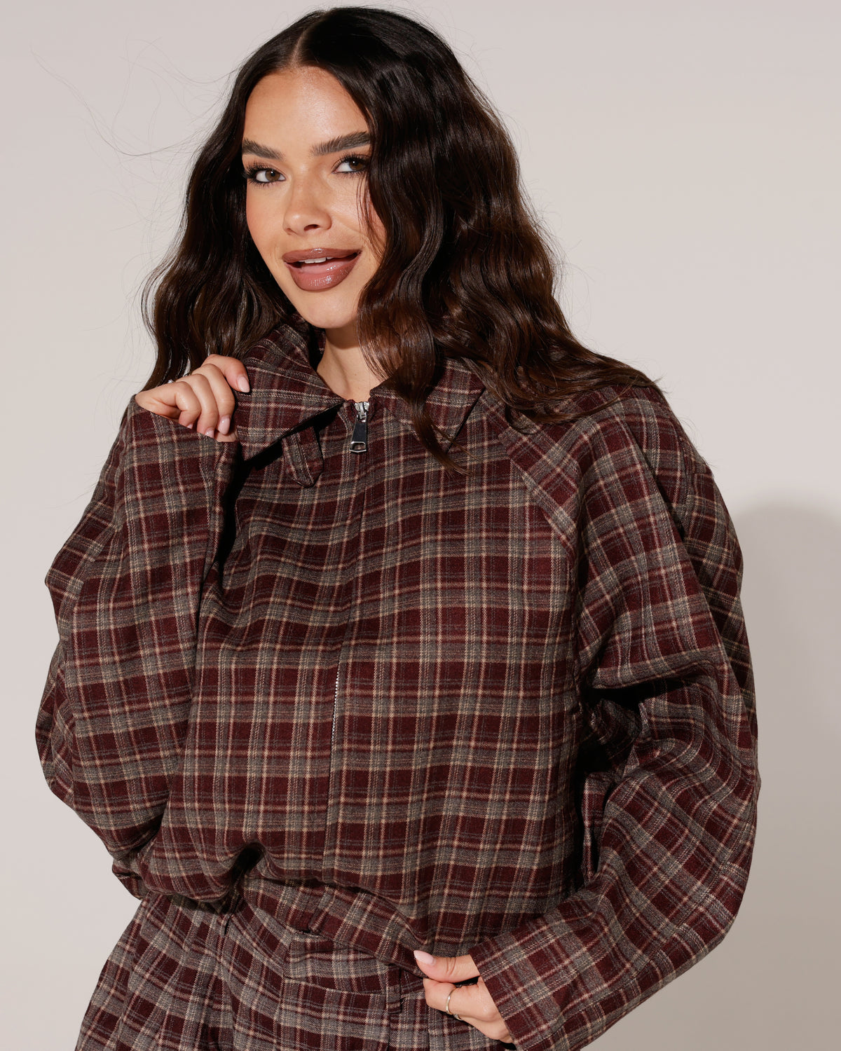 Geruit bomberjacket Quinn Bordeaux