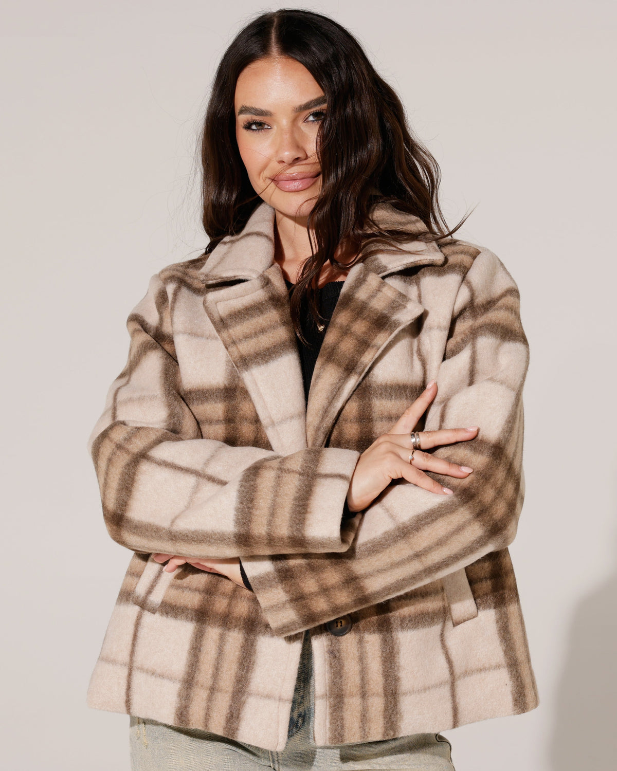Geruite korte trenchcoat Melane Beige