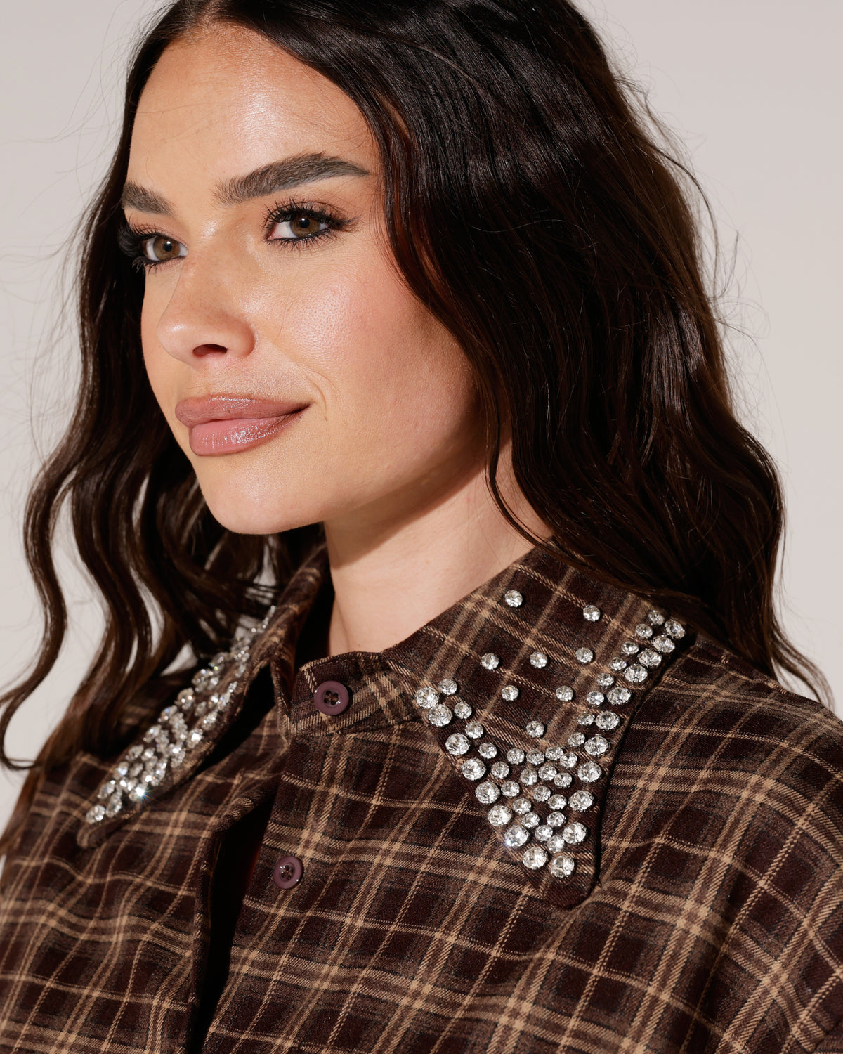 Geruite blouse met strass-kraag Lola Donkerbruin