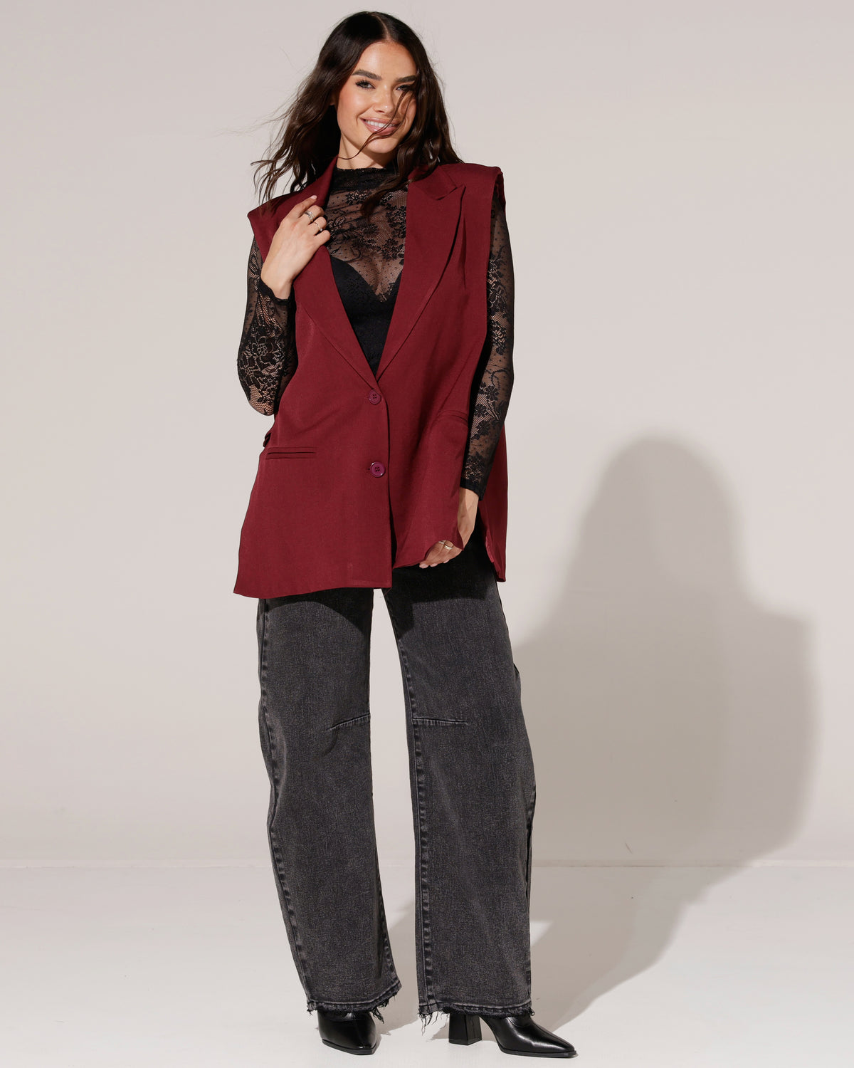 Lang gilet met knopen Macy Bordeaux