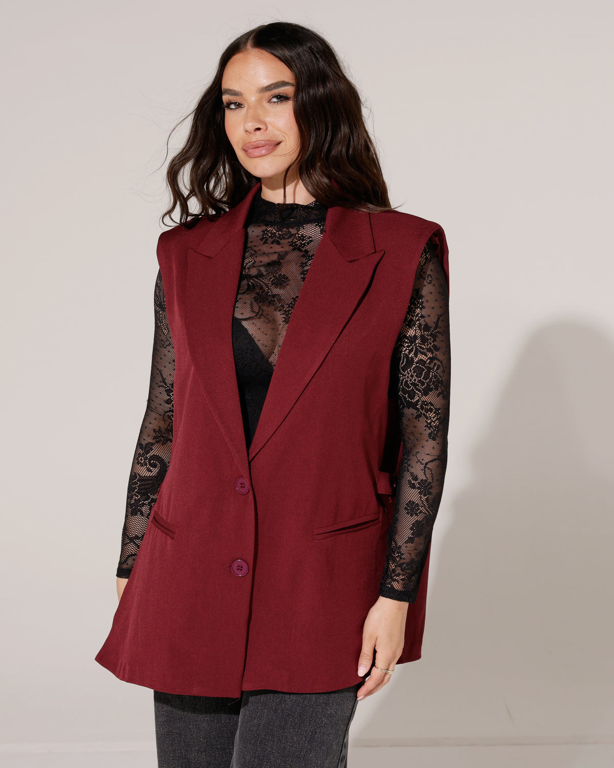 Lang gilet met knopen Macy Bordeaux