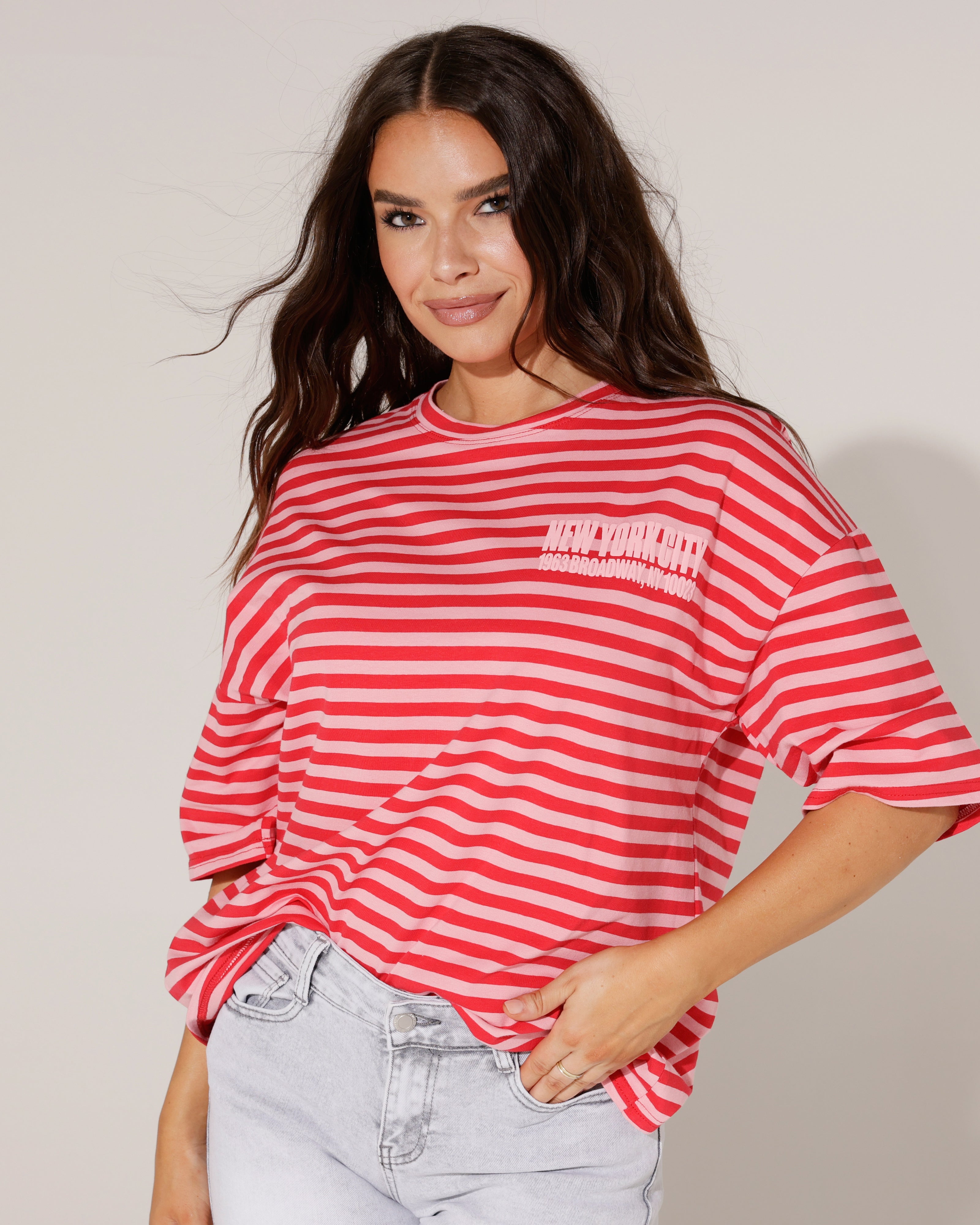 Gestreept T-shirt New York Broadway Fuchsia
