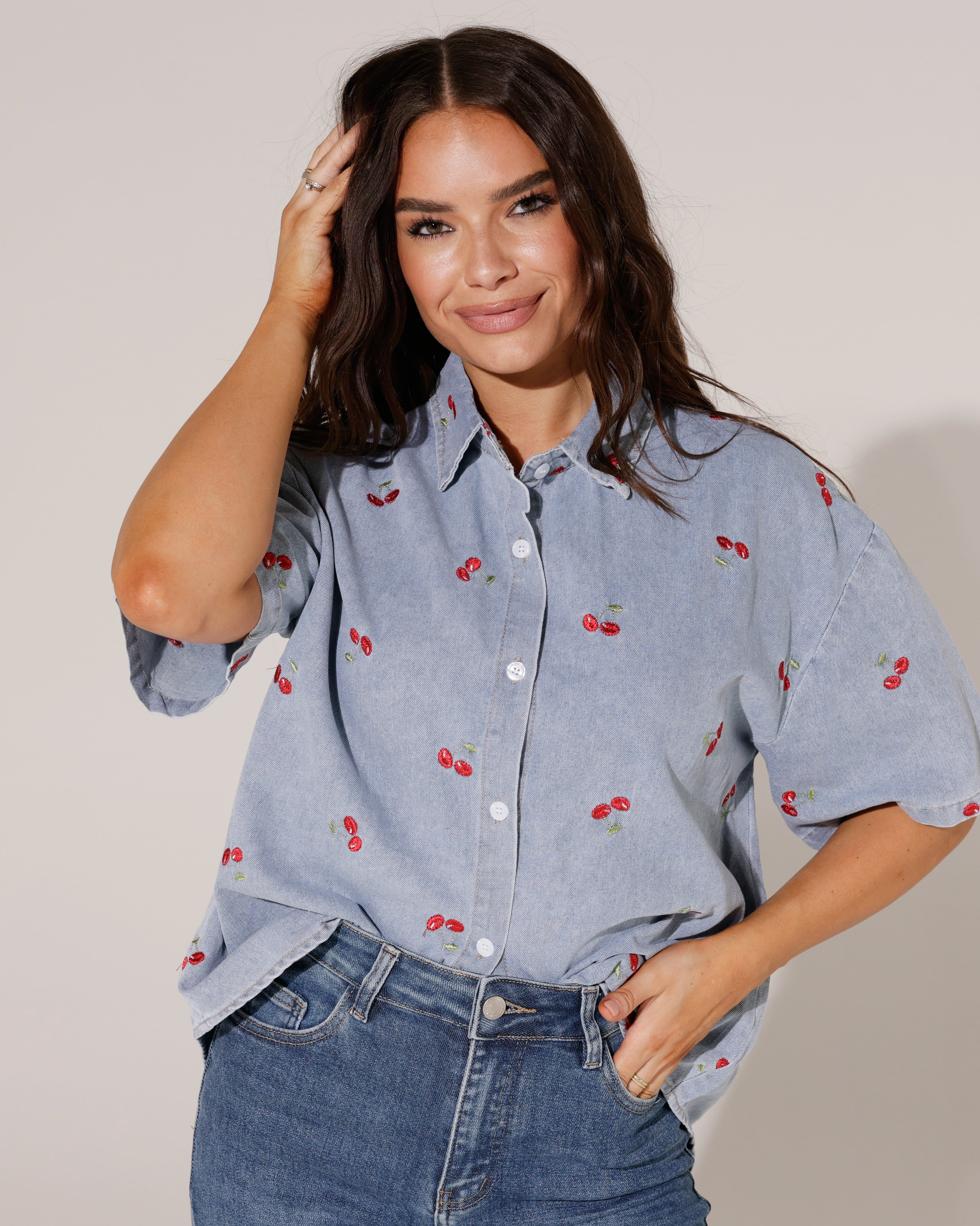 Spijkerblouse met kersen Kyra Blauw