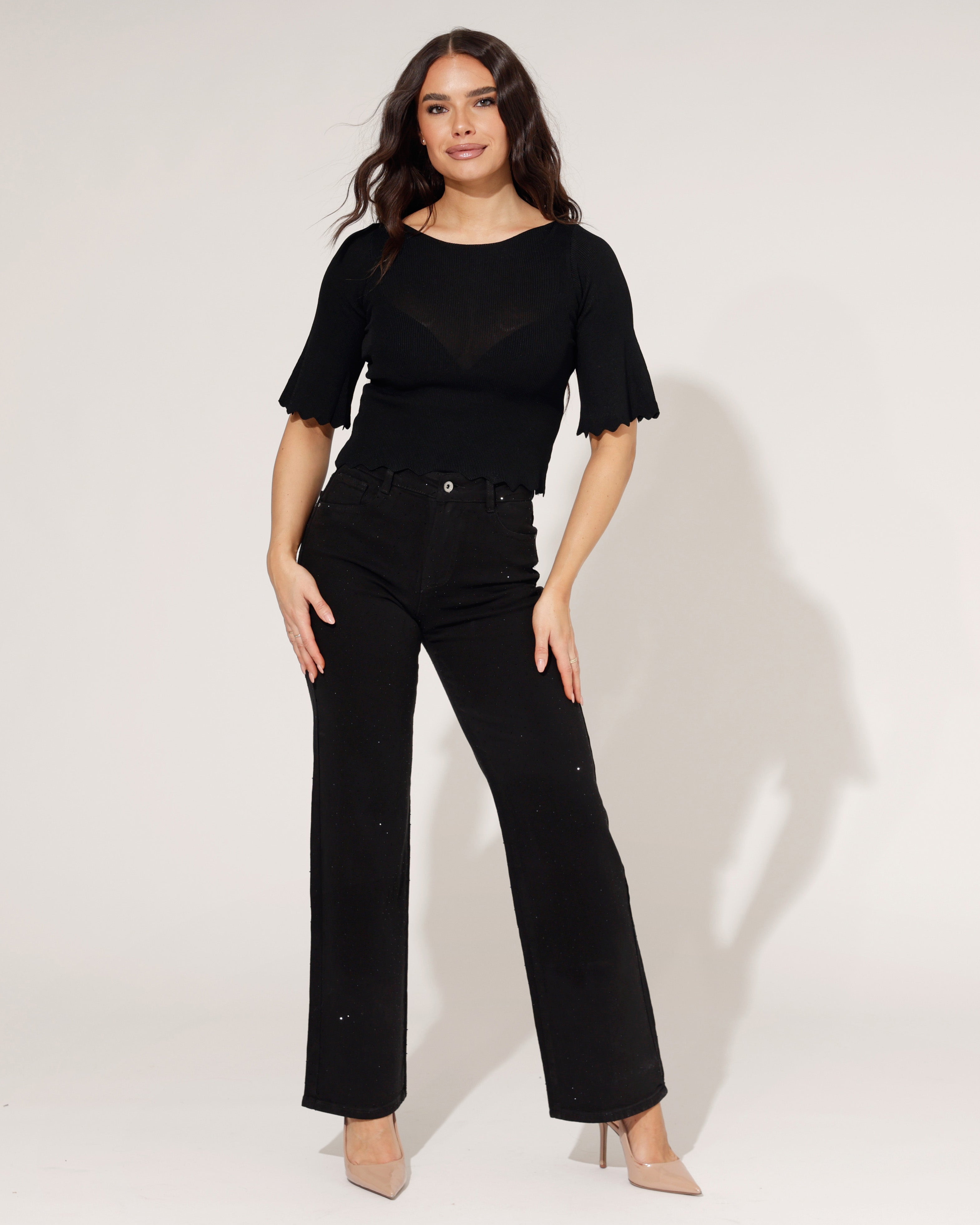 Hello Miss wide leg jeans zwart met stras dames voorkant