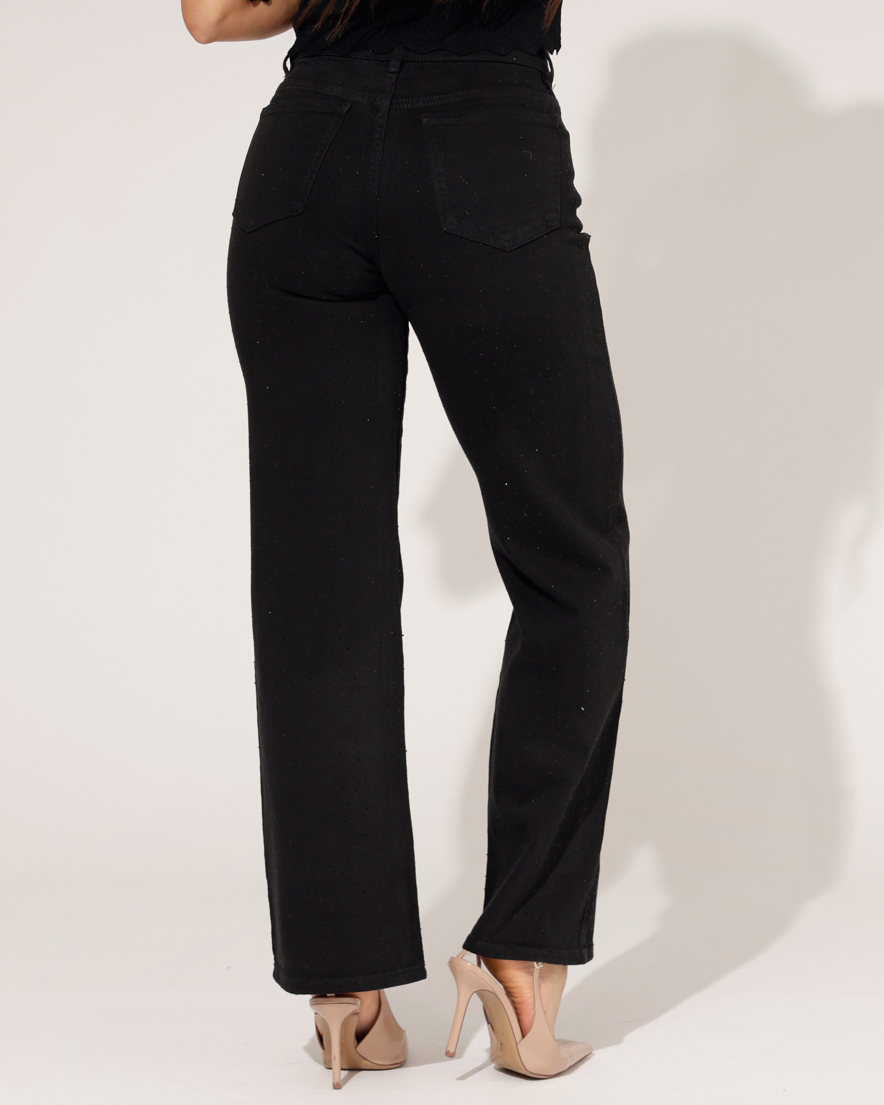 Hello Miss wide leg jeans zwart met stras dames voorkant - achterkant