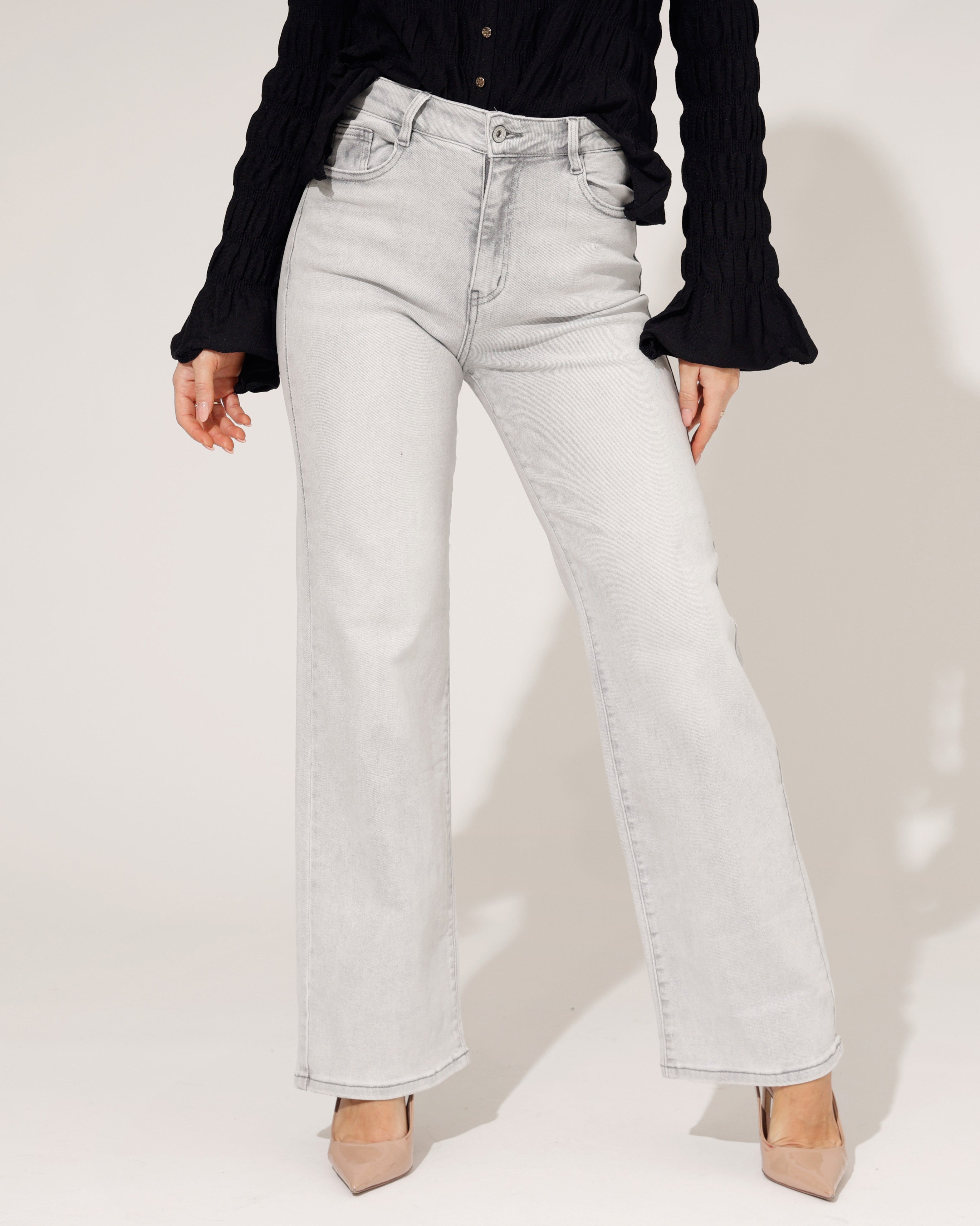 Lichtgrijze wide leg jeans dames met wijde pijpen Hello Miss - voorkant