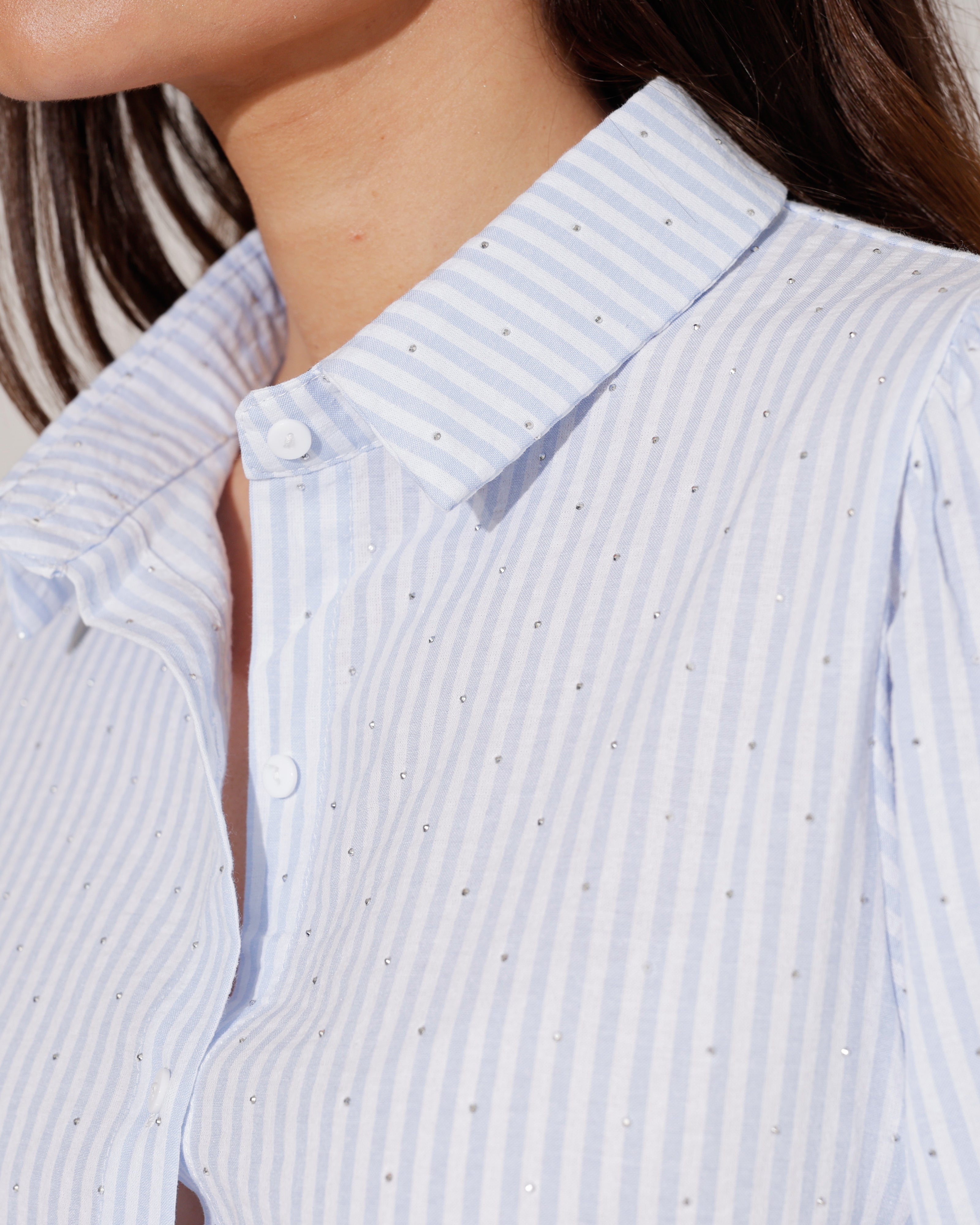 Gestreepte blouse met stras Yilse Lichtblauw