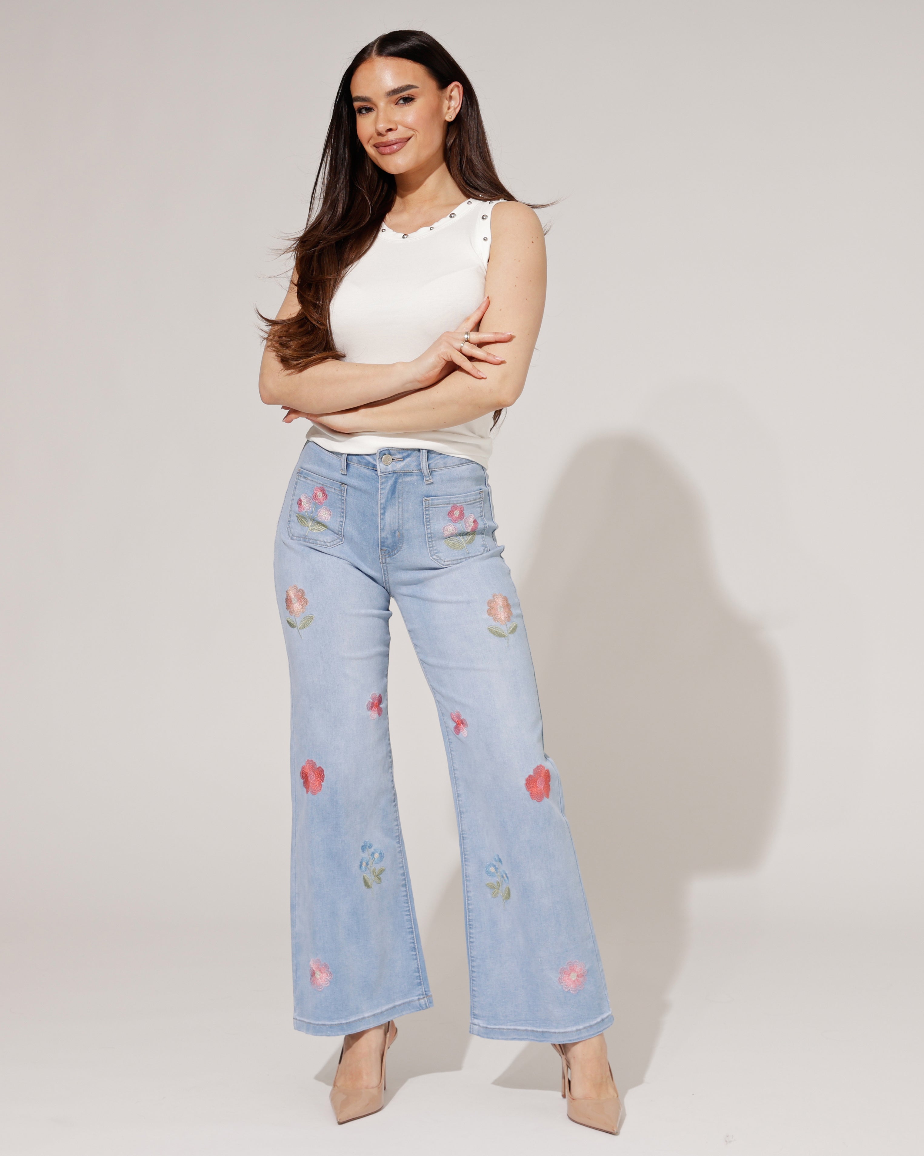 Maison Onado | Wide leg jeans met bloemen Bibi-N Lichtblauw