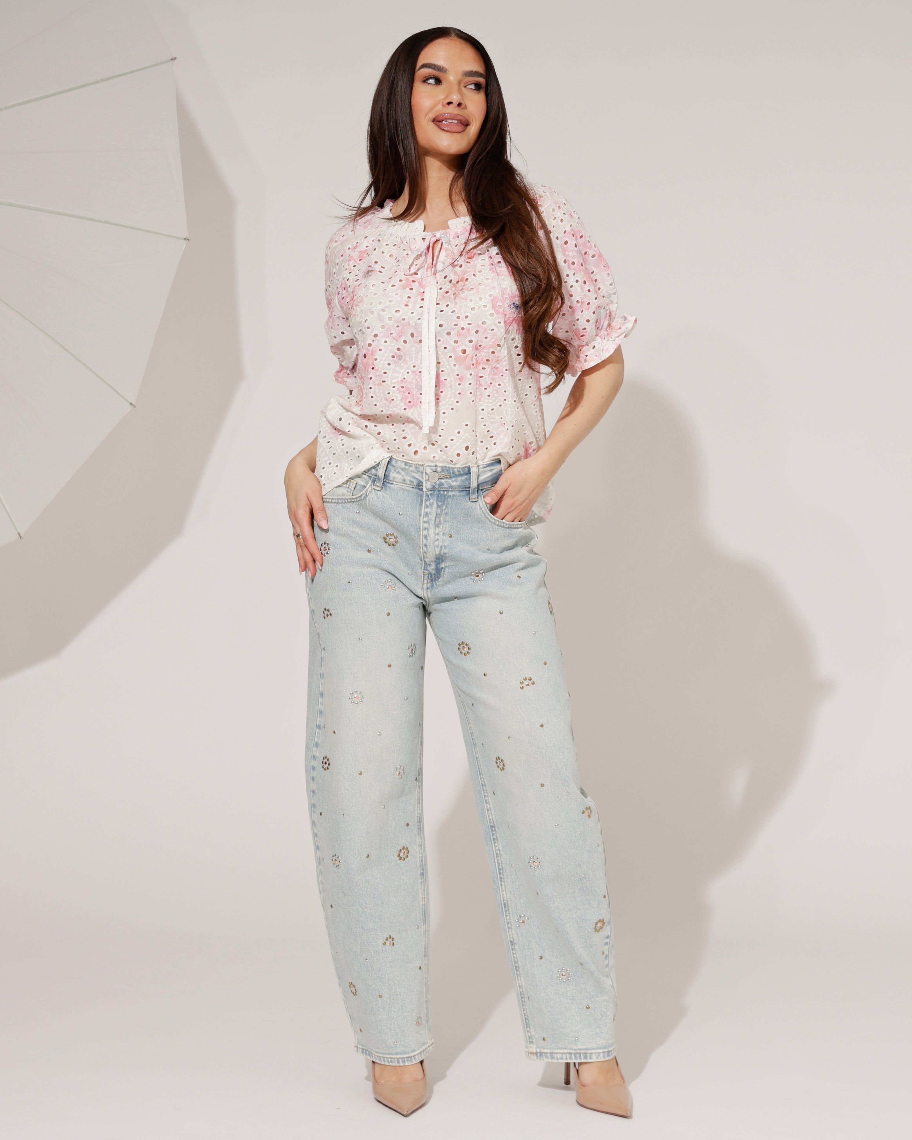 Top Broderie Fienne Wit/ Fuchsia