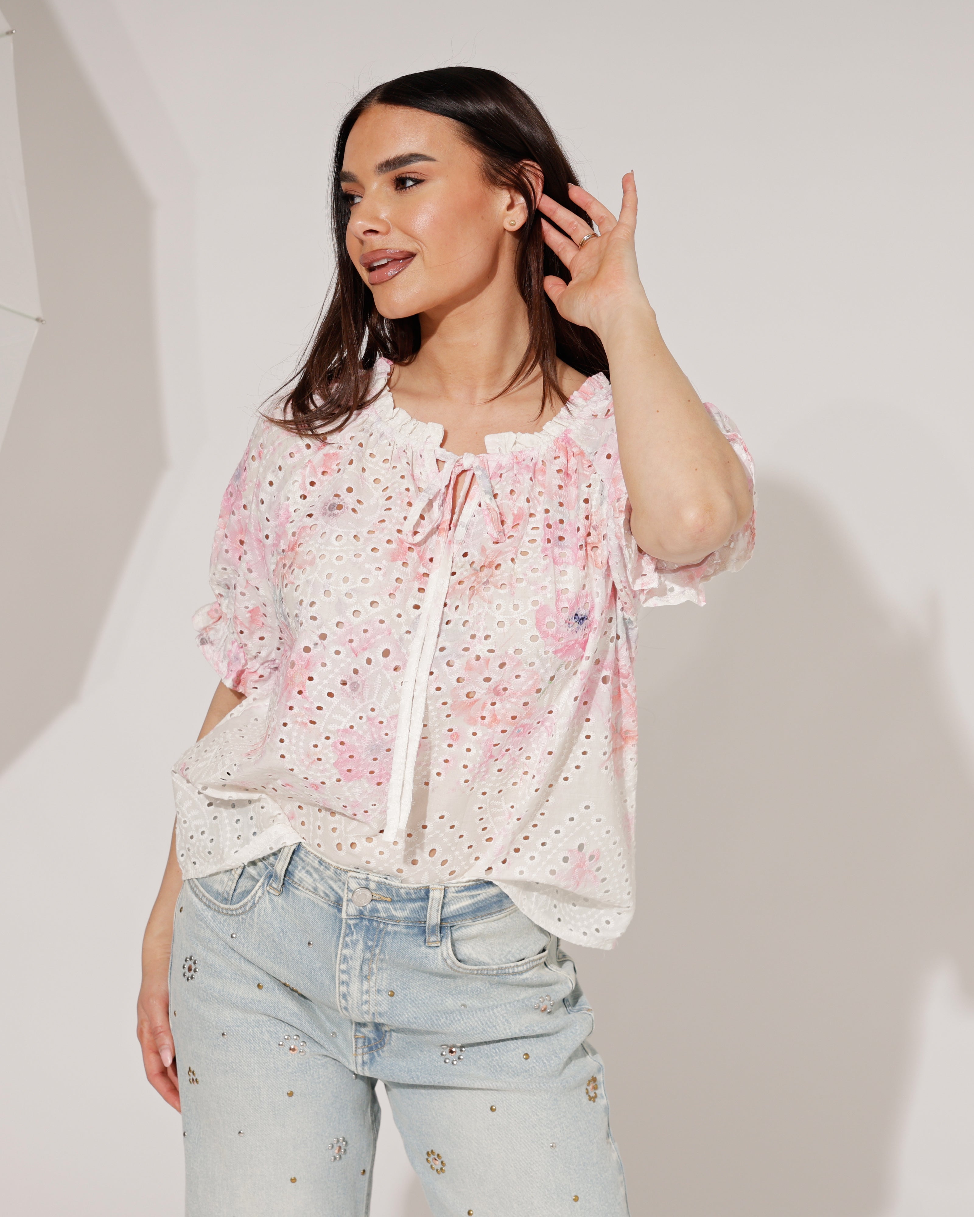 Top Broderie Fienne Wit/ Fuchsia