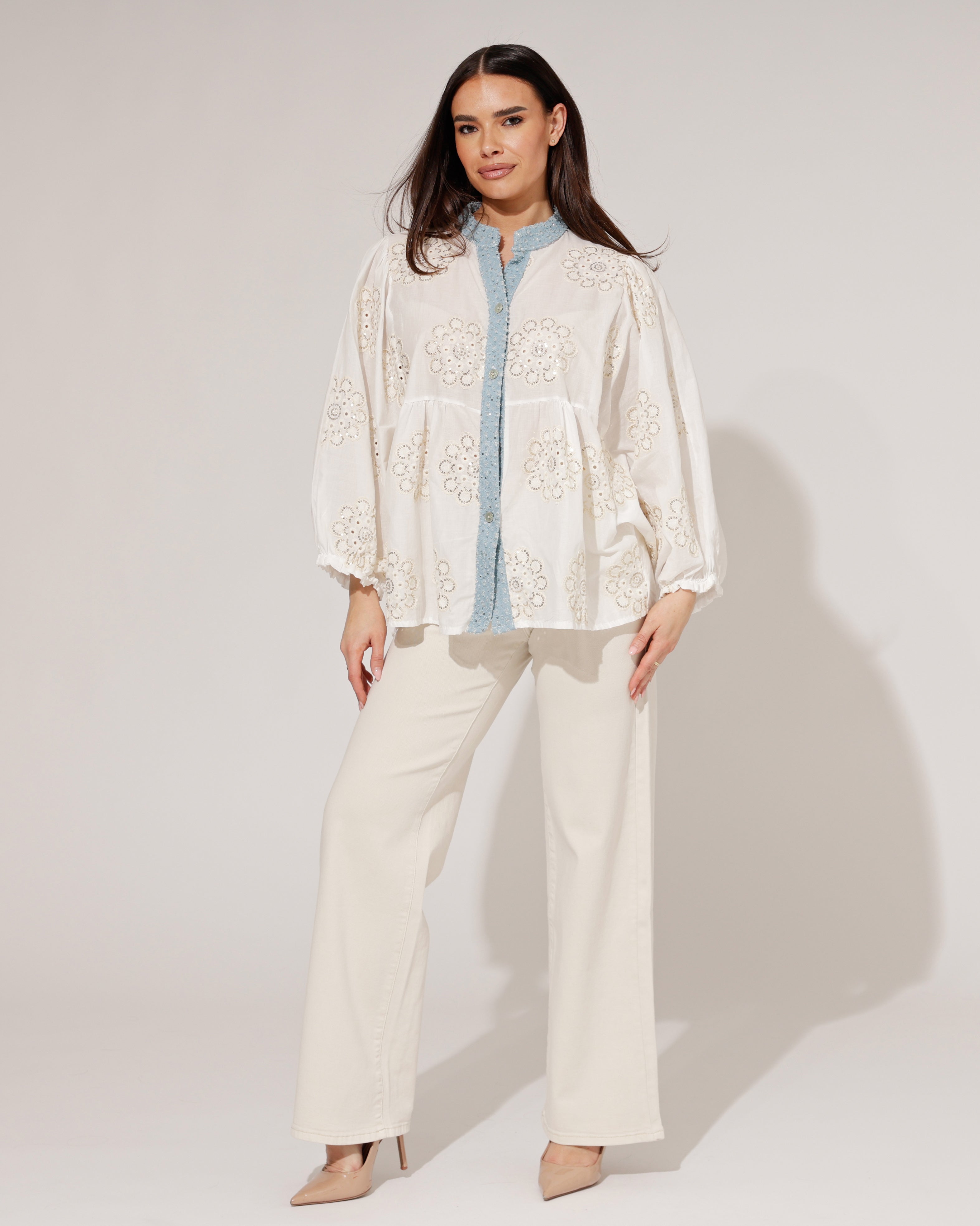 Blouse met bloemen en denim Sophie Wit