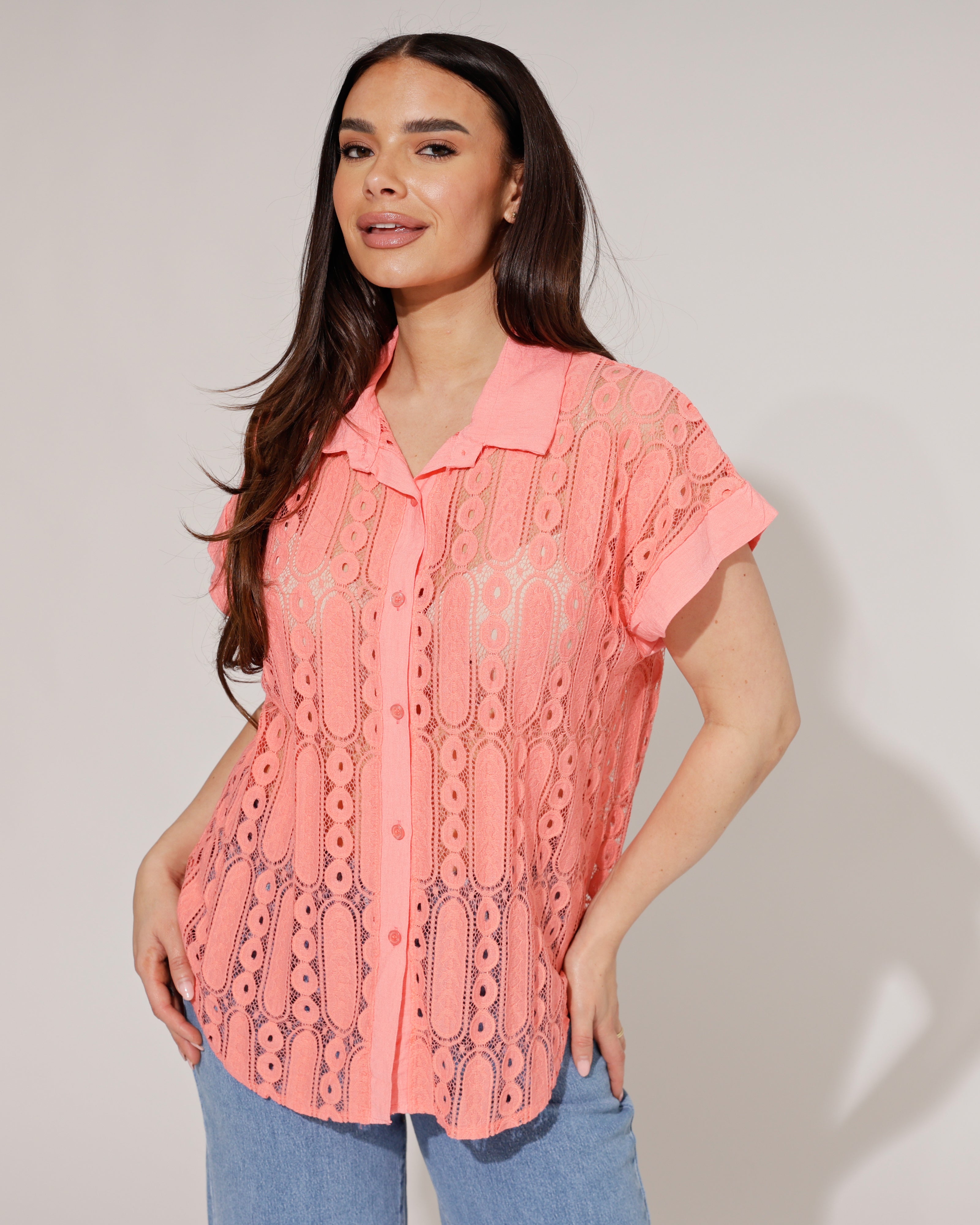 Blouse broderie Nova Koraal