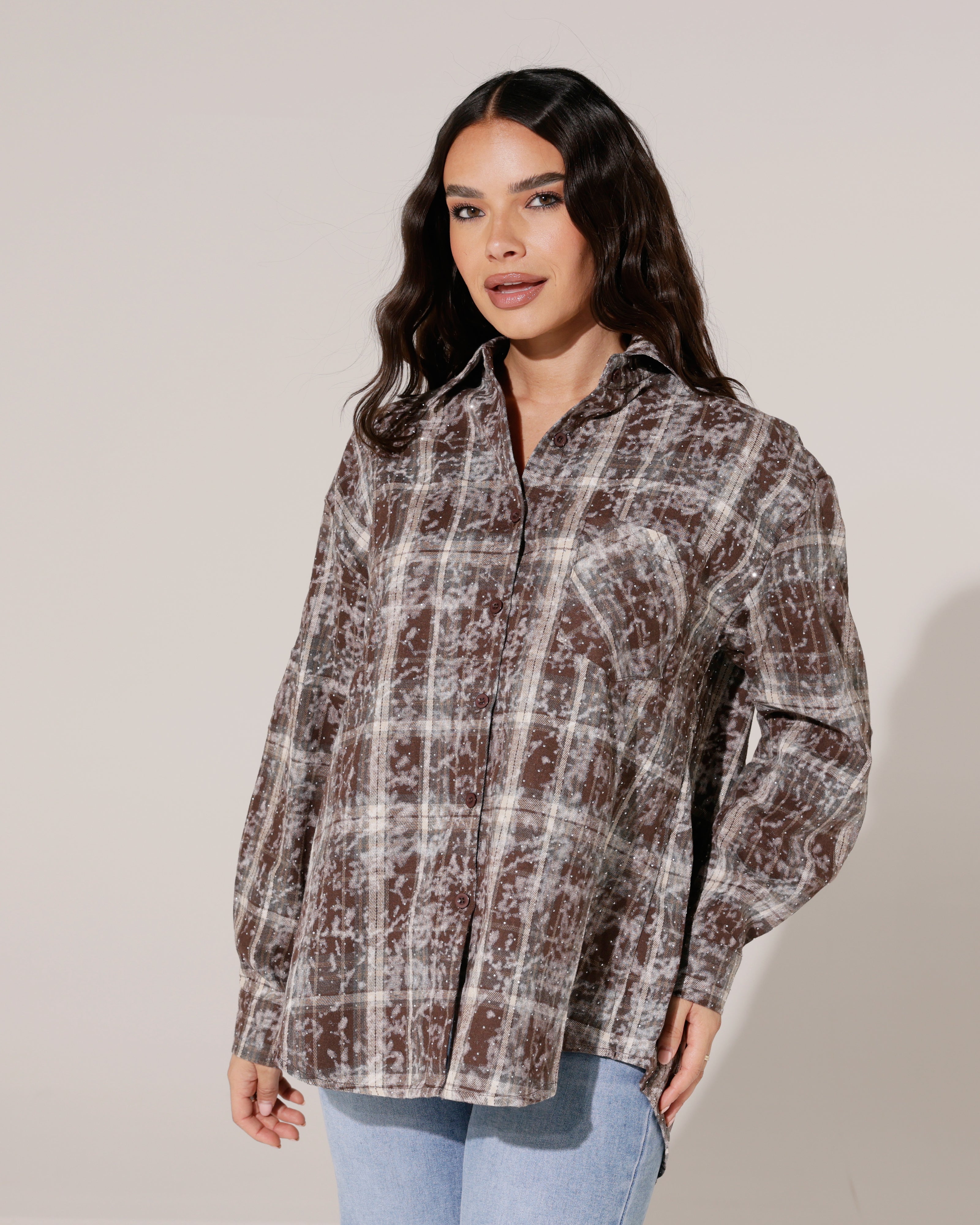 Geruite blouse met strass Simone Donkerbruin