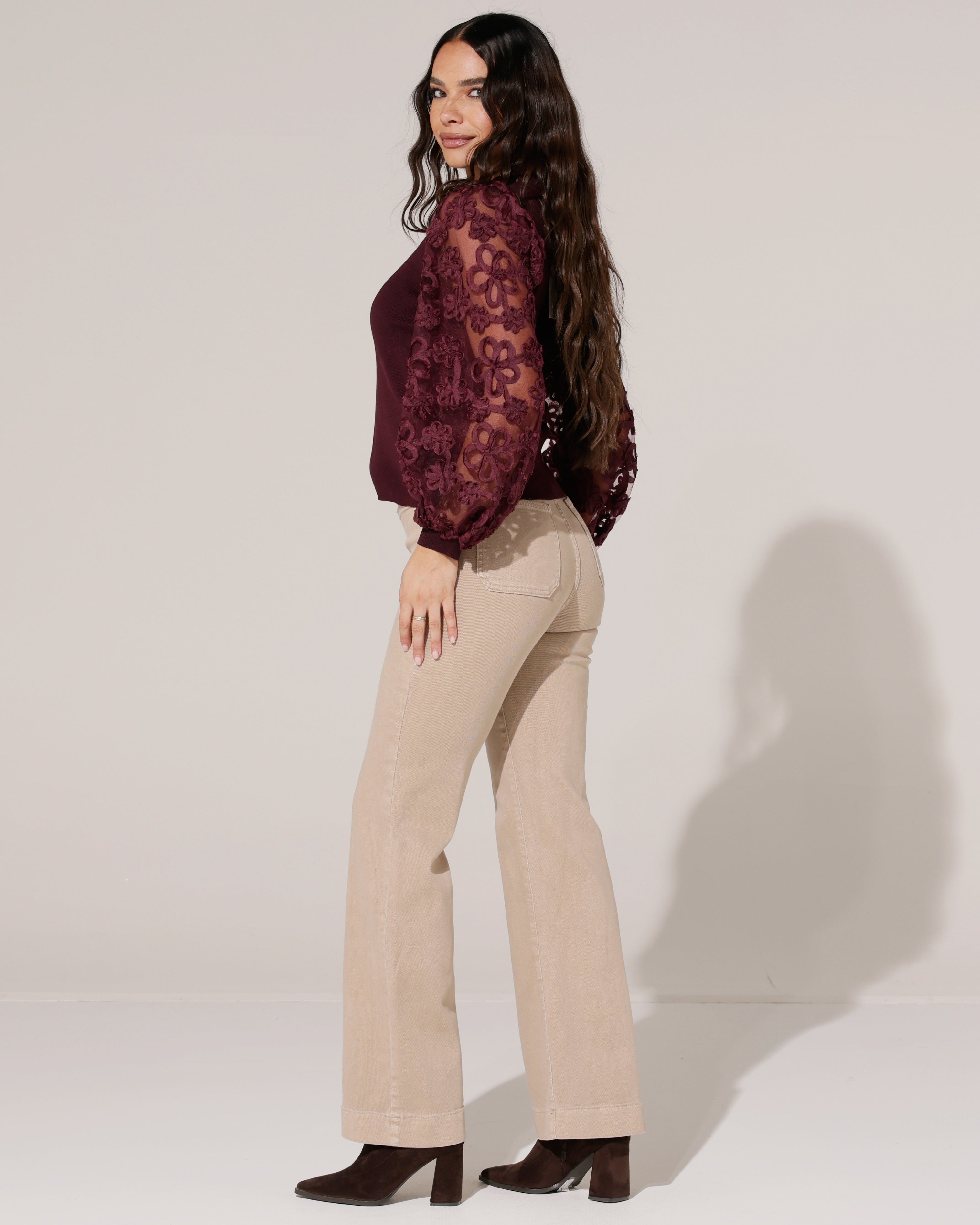 Top met voile mouwen met bloemen Lou Bordeaux