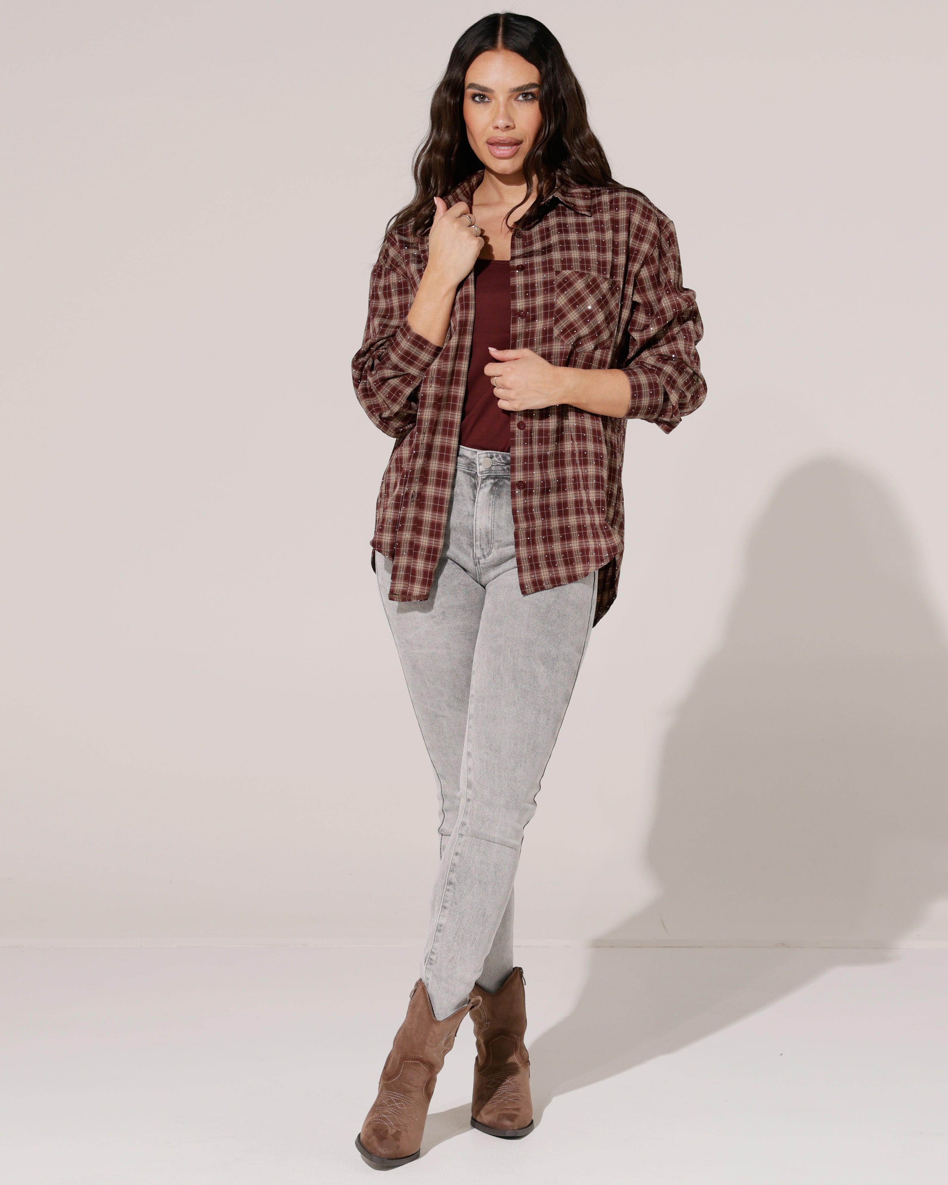 Geruite blouse met strass Ella Bordeaux