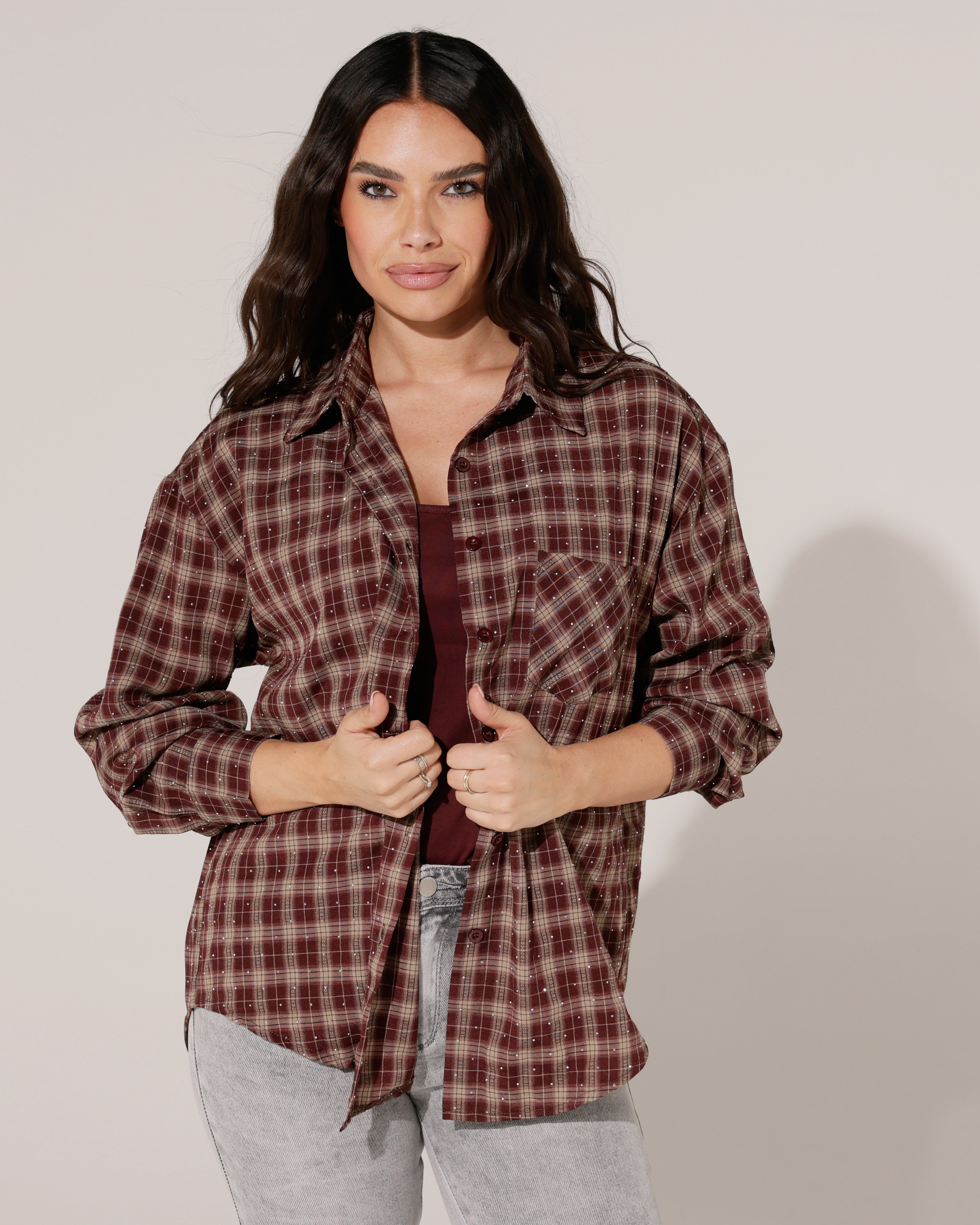 Geruite blouse met strass Ella Bordeaux