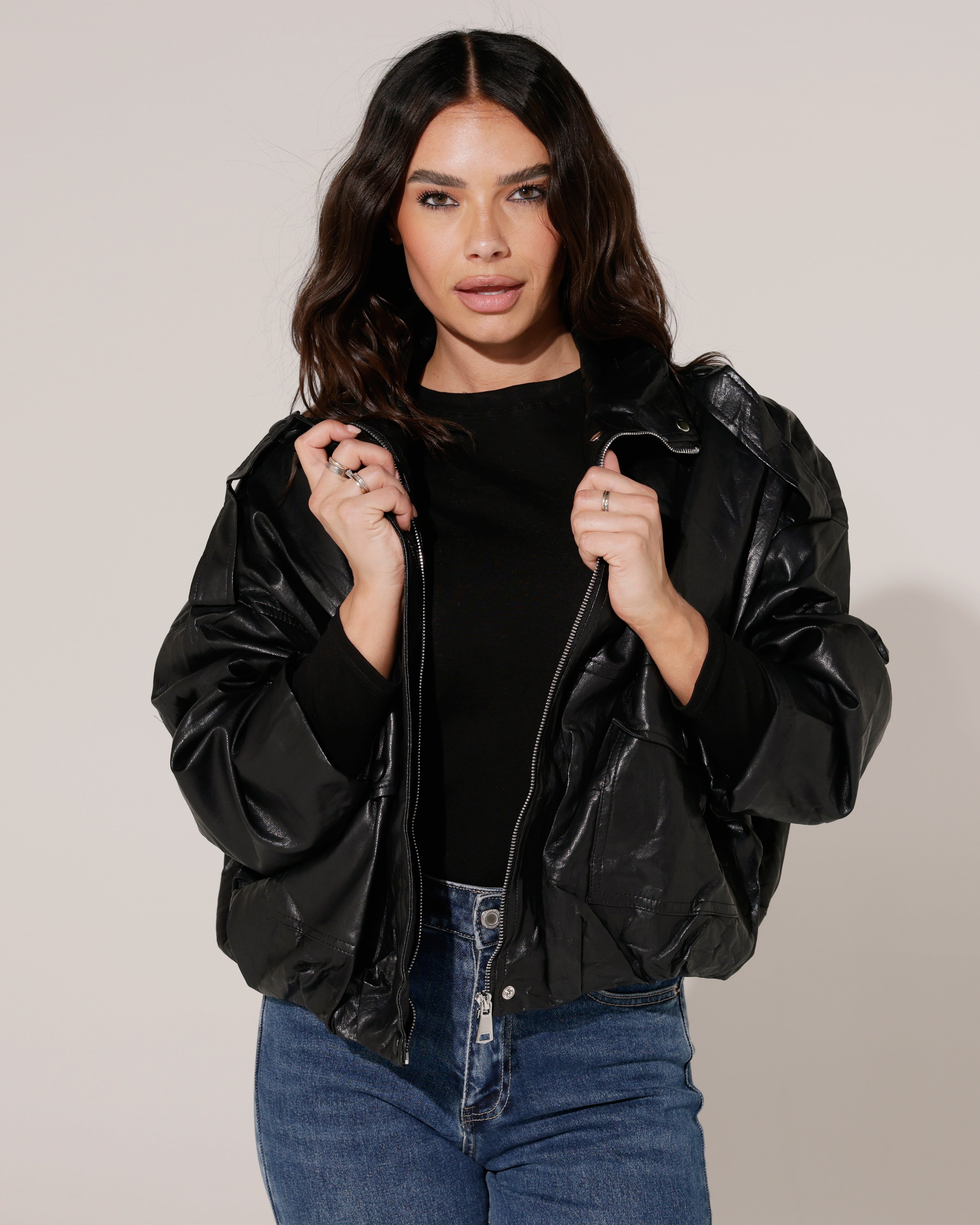 Leatherlook bomberjacket Puck Zwart