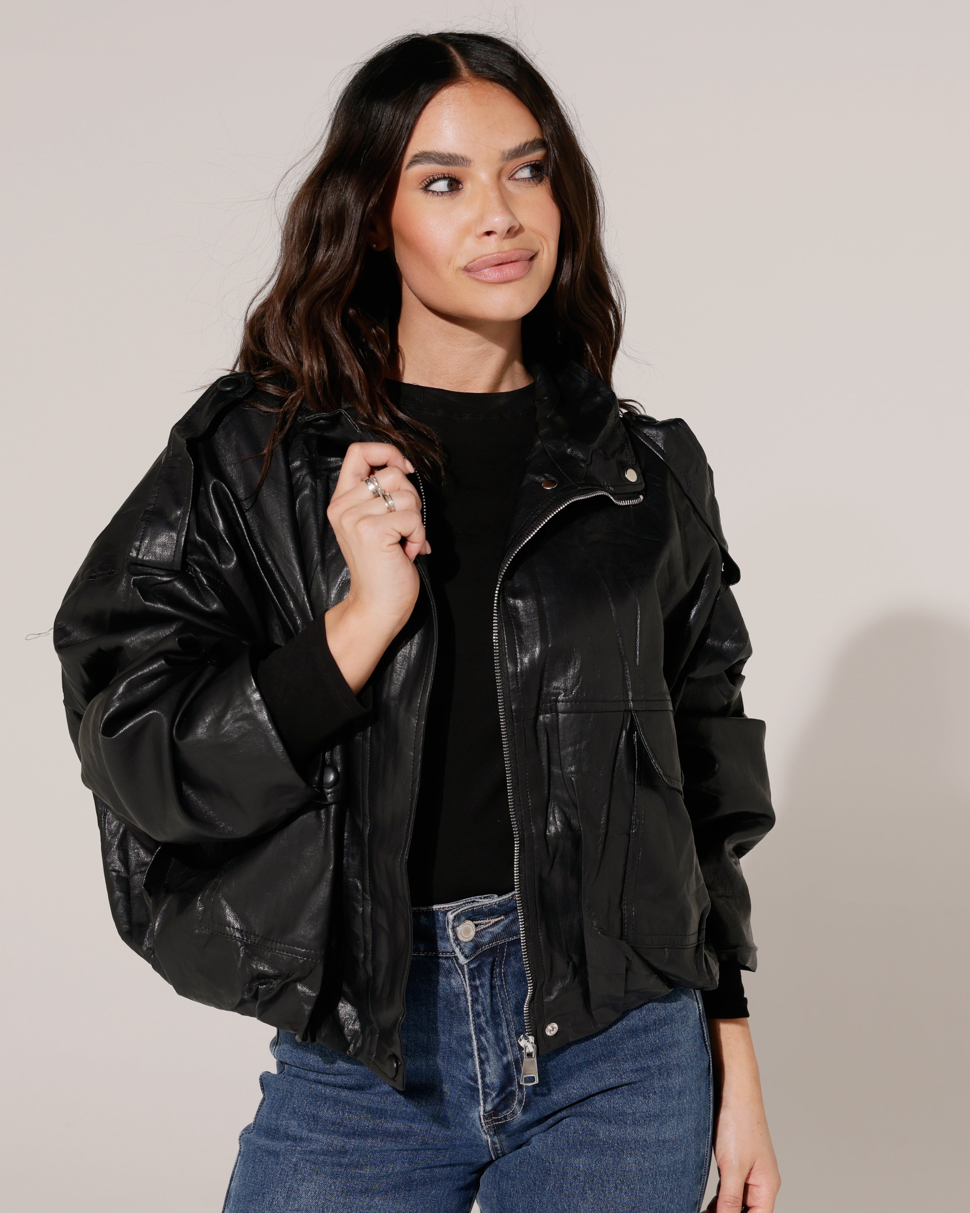 Leatherlook bomberjacket Puck Zwart