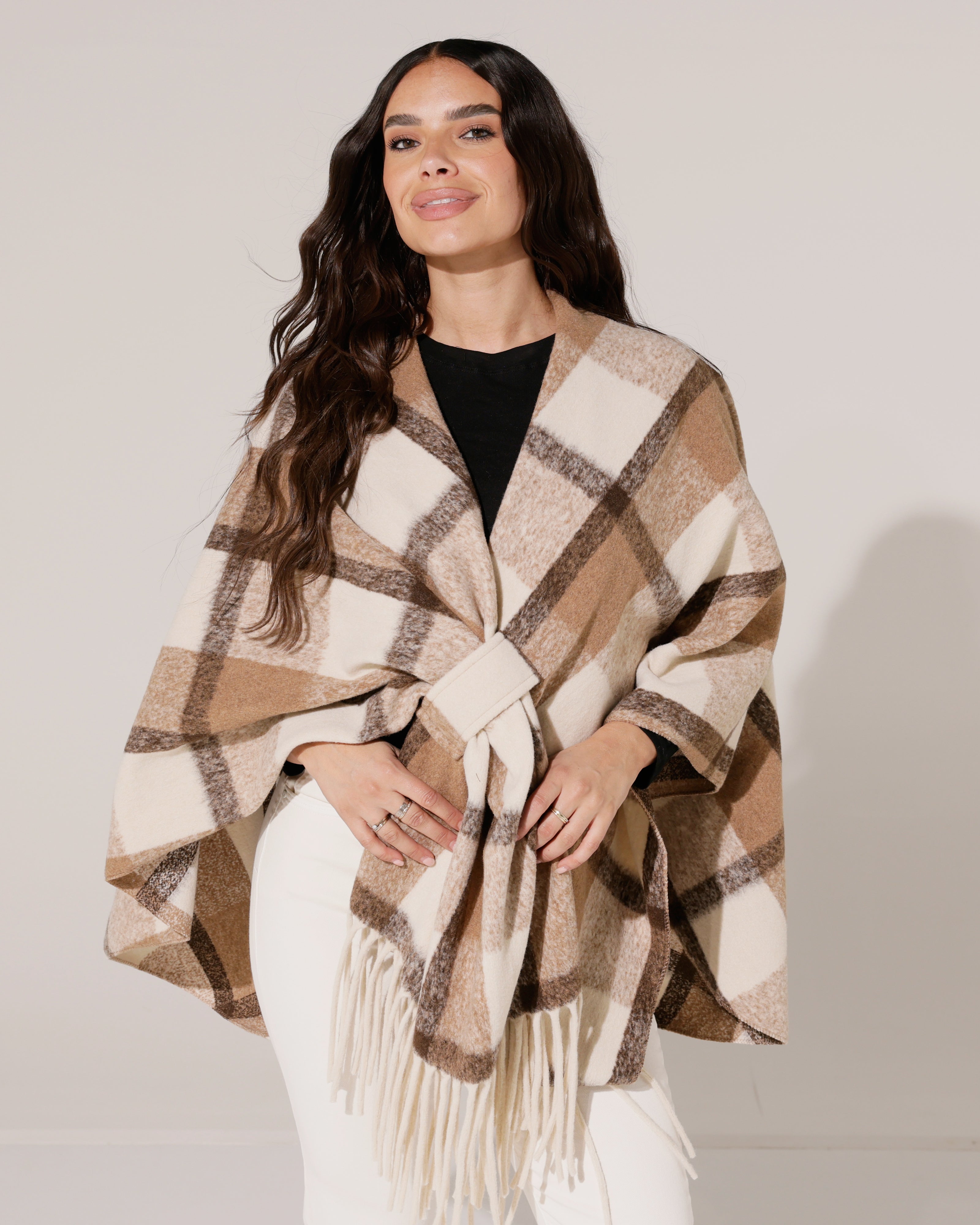 Geruite poncho Lize Taupe