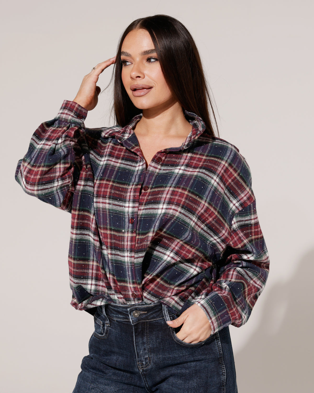 Geruite blouse met strass Debbie Donkerblauw