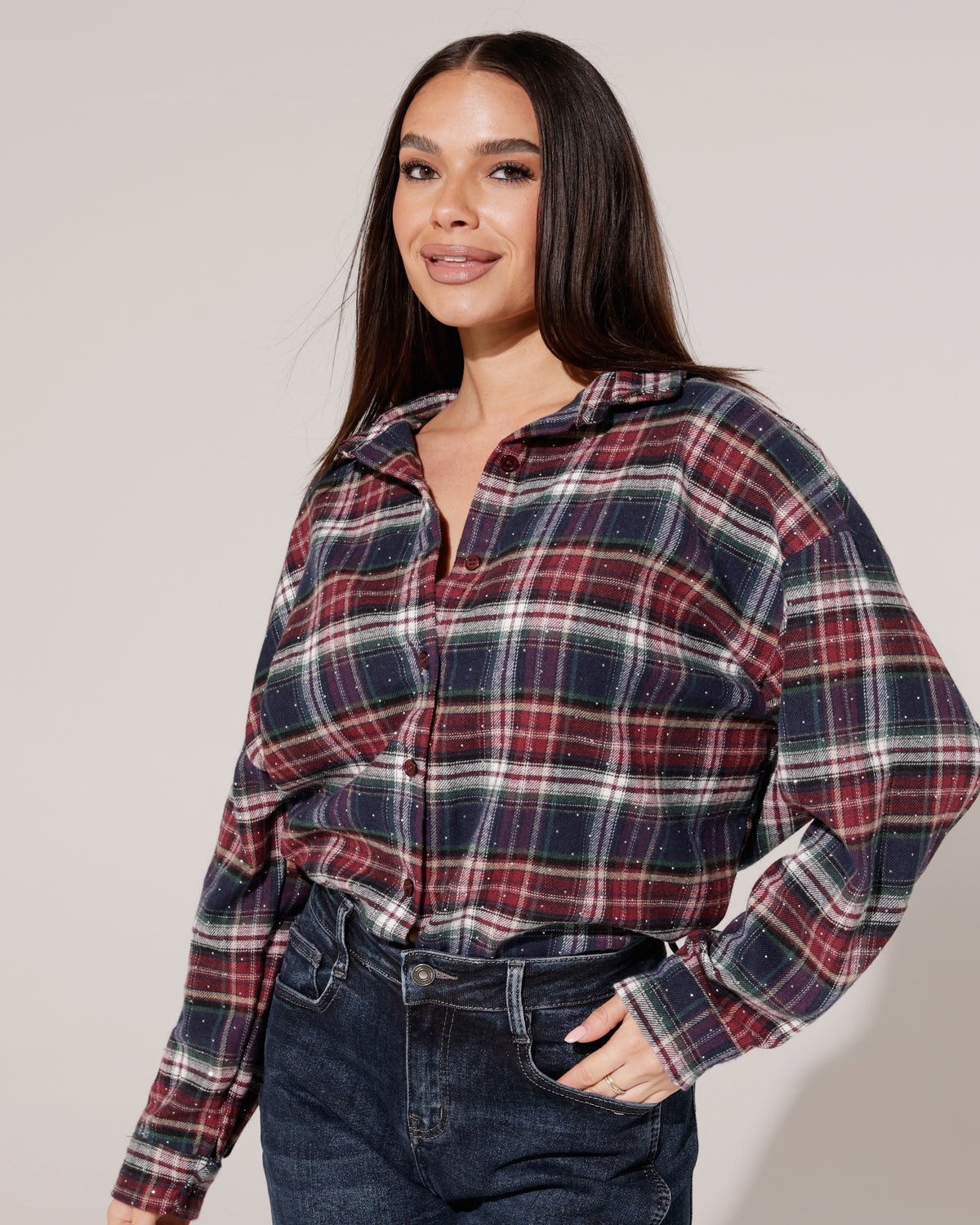Geruite blouse met strass Debbie Donkerblauw