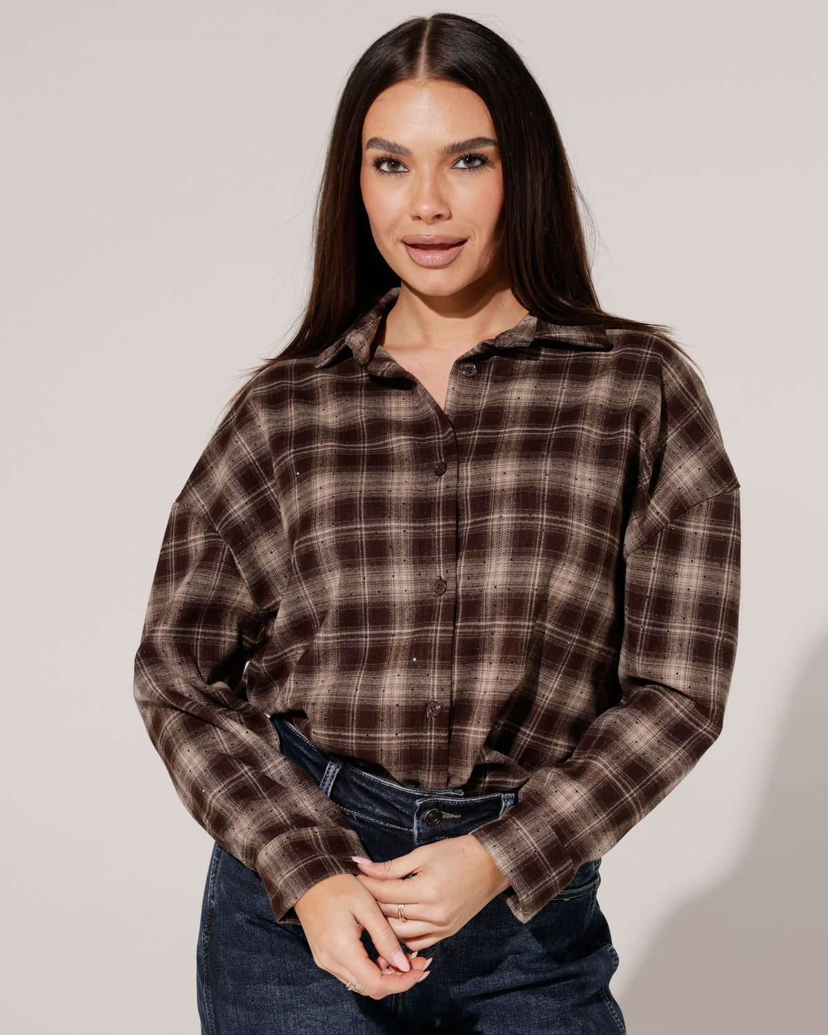 Geruite blouse met strass Lennie Donkerbruin