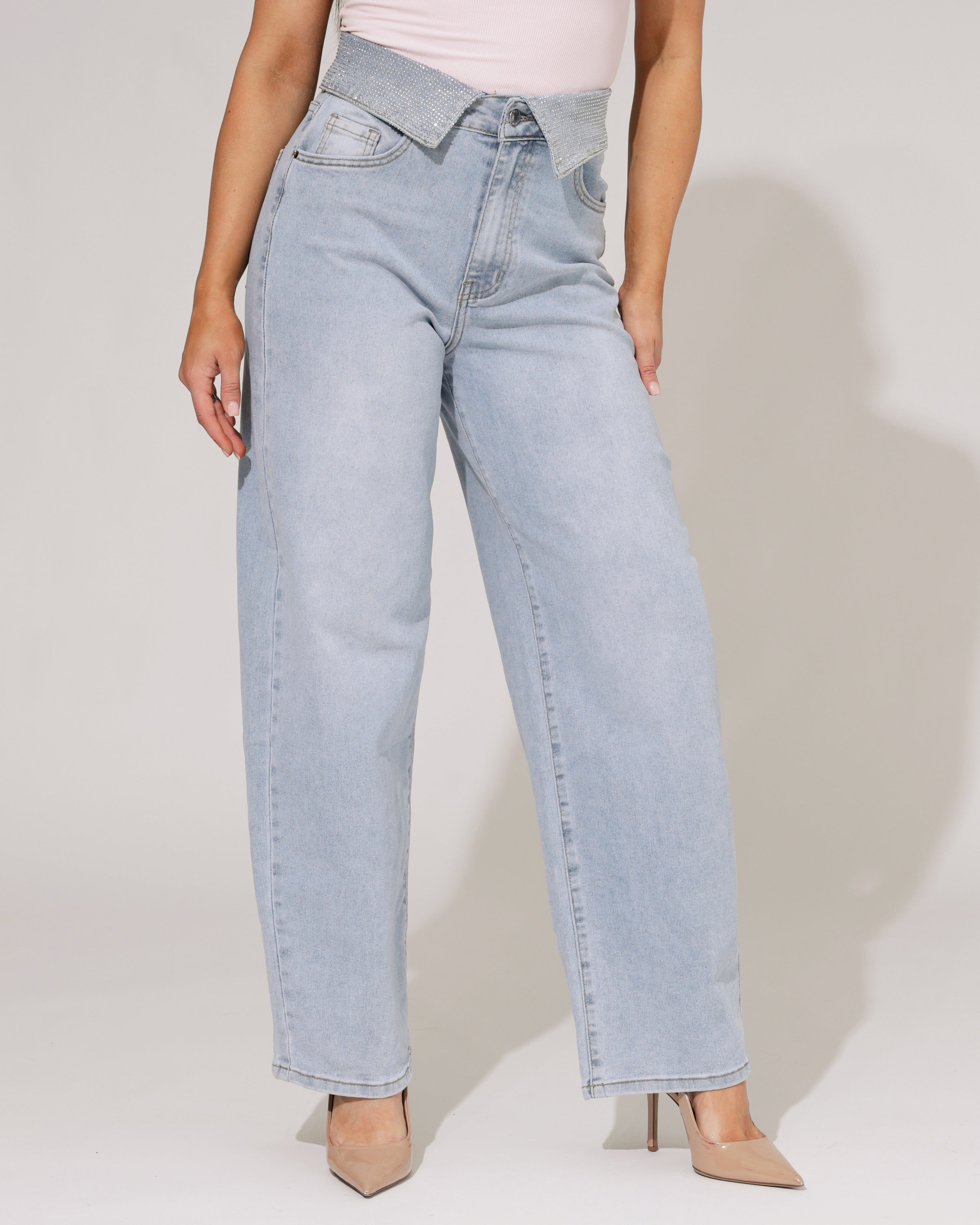 VS Miss | Barrel jeans strass omslag Liv Blauw