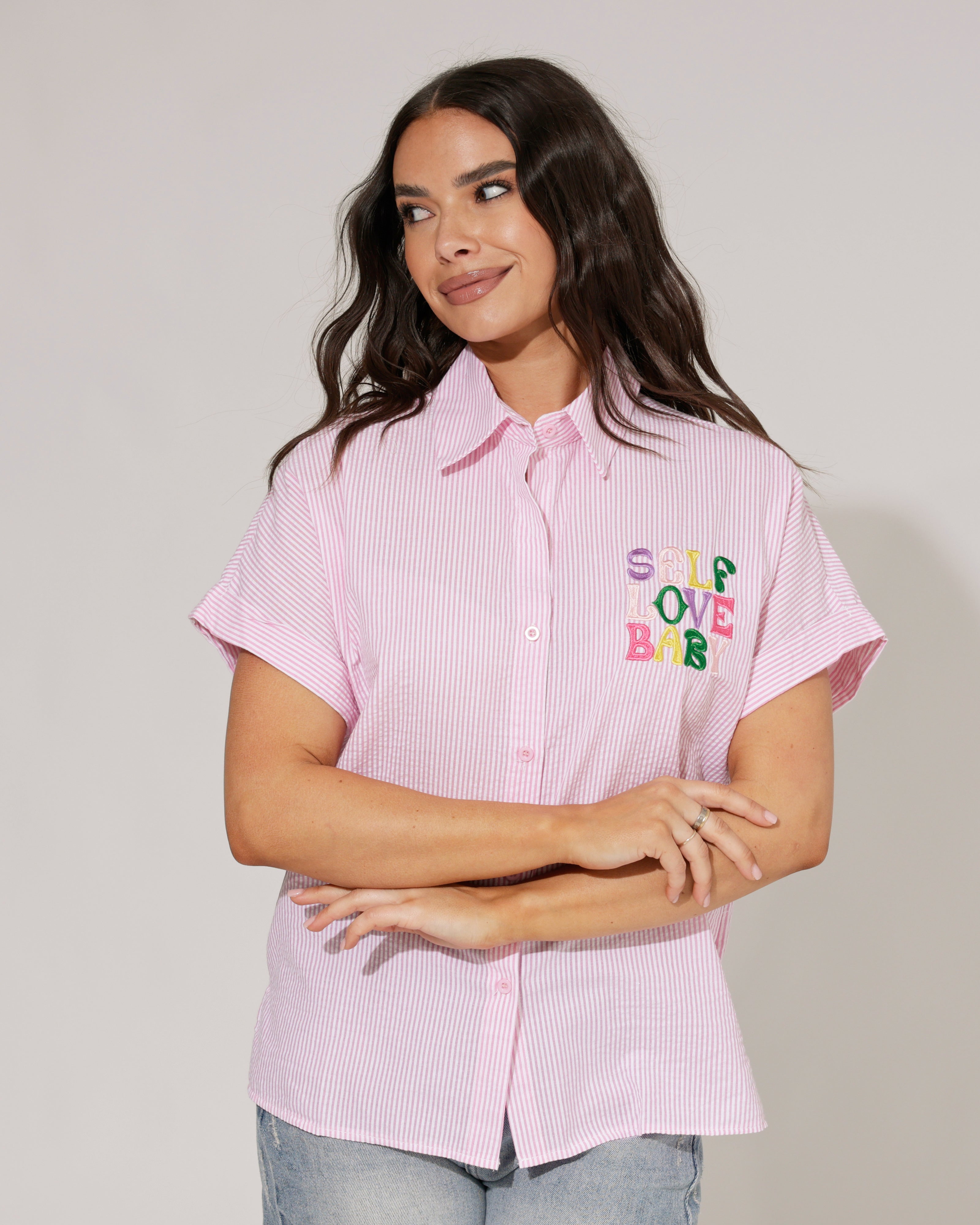 Gestreepte blouse Self love Roze