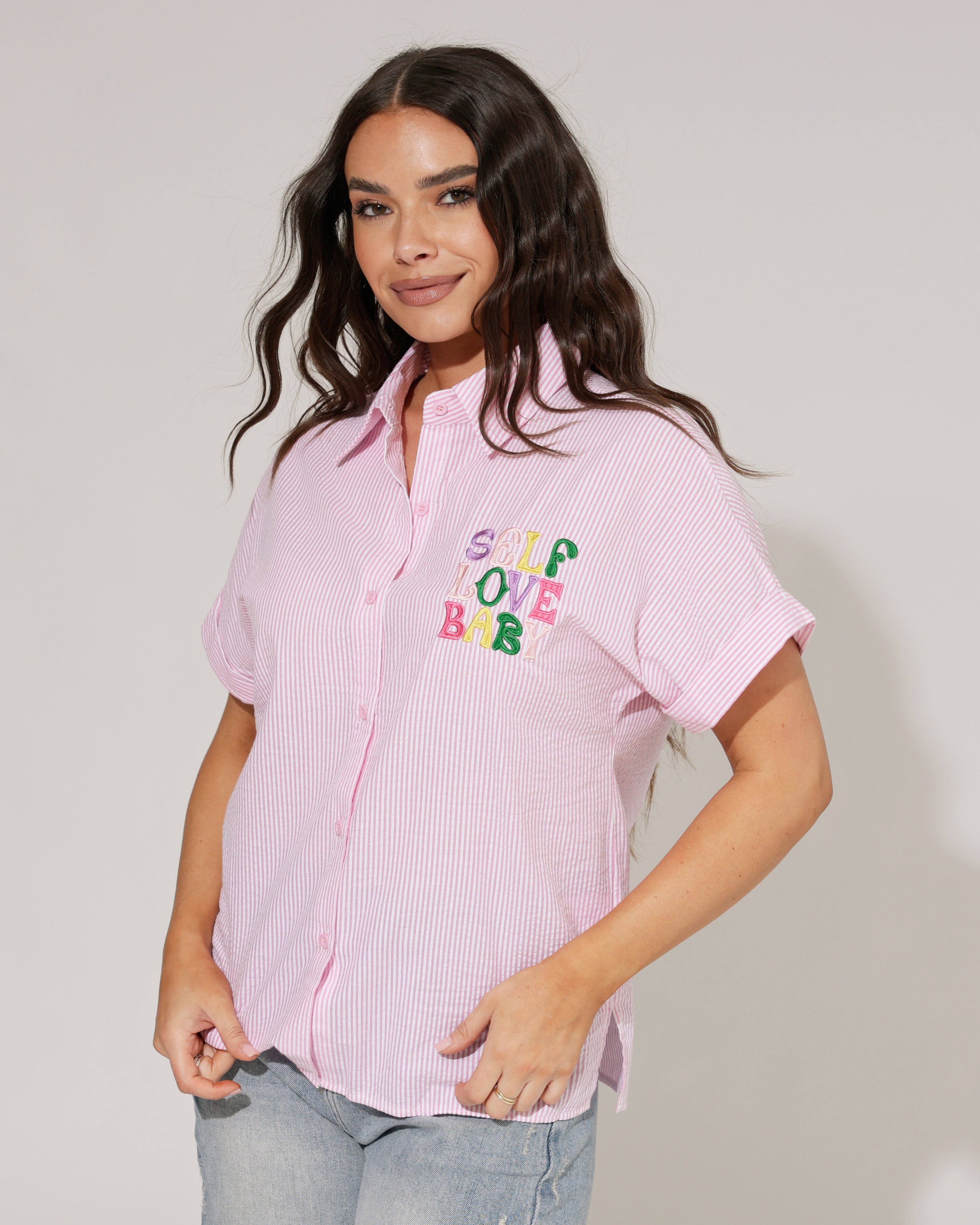 Gestreepte blouse Self love Roze
